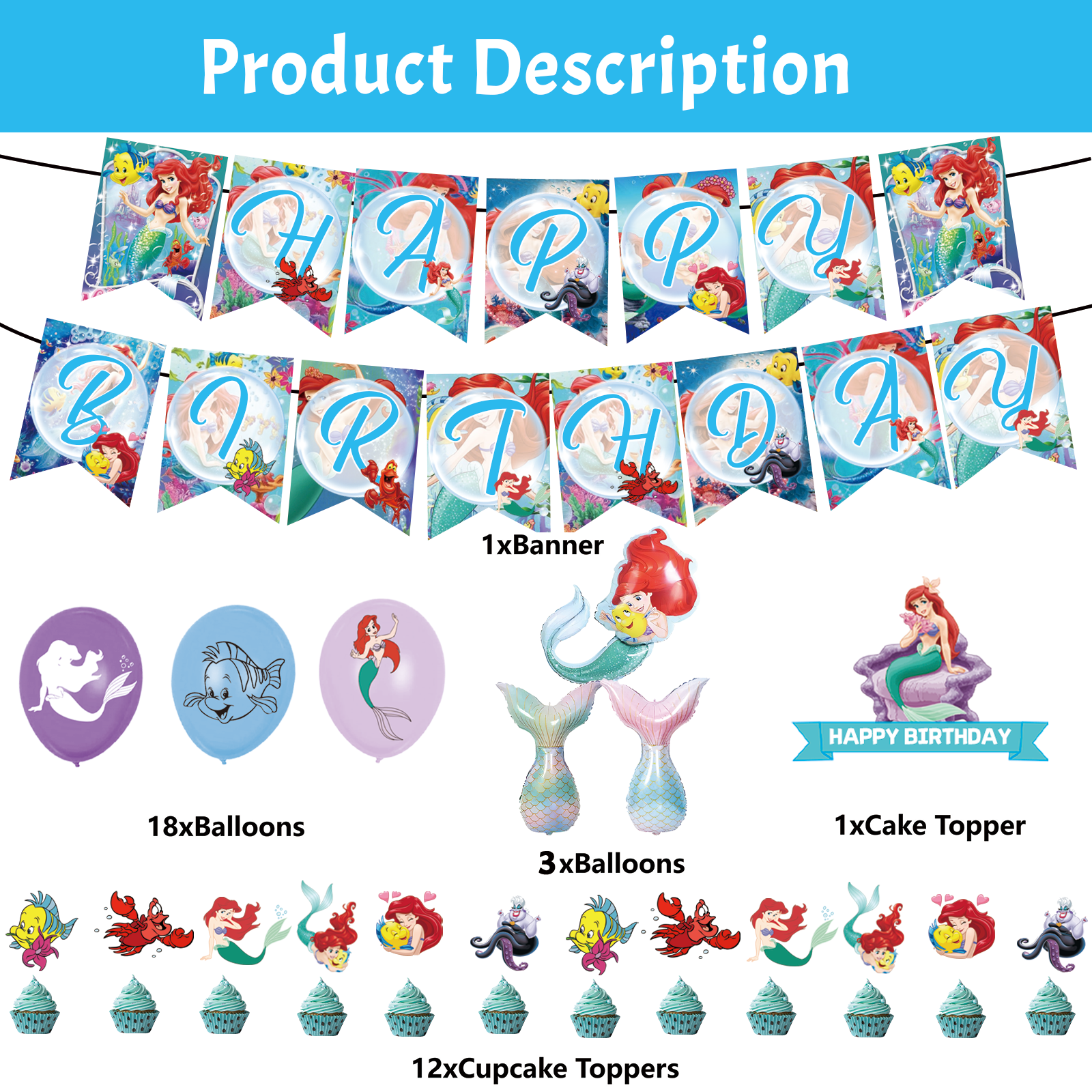 35 Pcs For Ariel Birthday Party Decorations,With 1 Happy Birthday Banner Garland,3 Foil Balloons,13 Cupcake Toppers,18 Balloons for Party Supplies