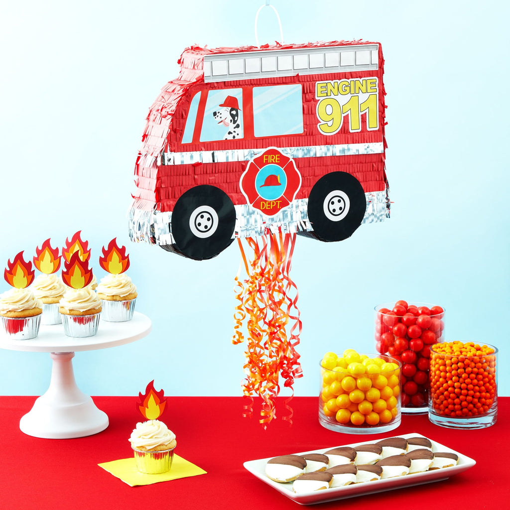 Pull String Fire Truck Pinata for Birthday Party Decorations, Firefighter Party Supplies (Small, 16.5 x 13 x 3 In), For Ages 3+