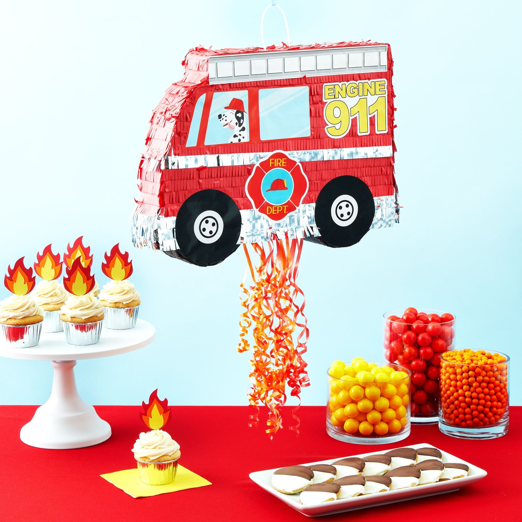 Pull String Fire Truck Pinata for Birthday Party Decorations, Firefighter Party Supplies (Small, 16.5 x 13 x 3 In), For Ages 3+