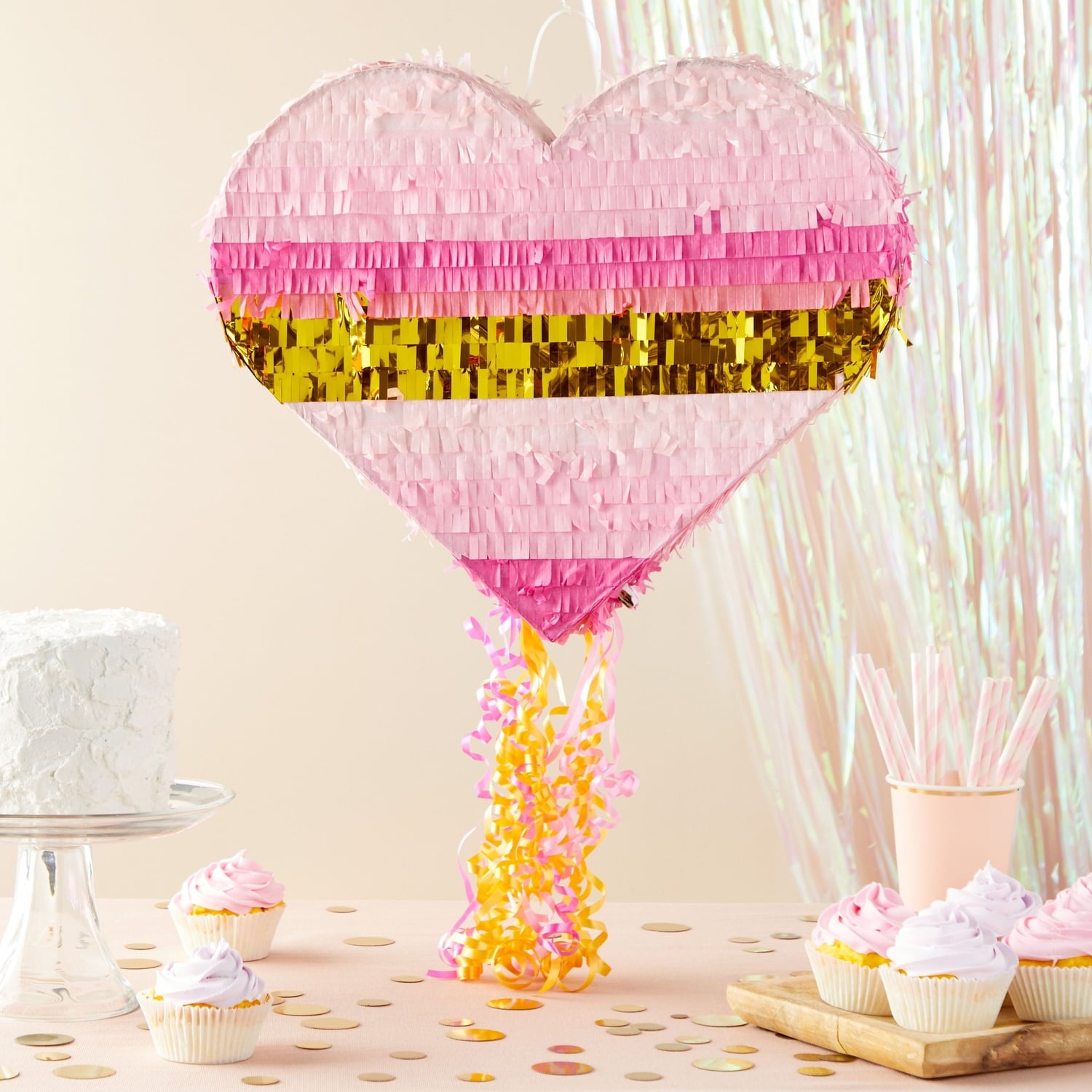 Sparkle and Bash Pink and Gold Ombre Pull String Heart Pinata, Ideal for Birthday Party Decorations & Supplies, Quinceanera, Valentine's Day (16 x 13 x 3 In, Small), Ages 3-14
