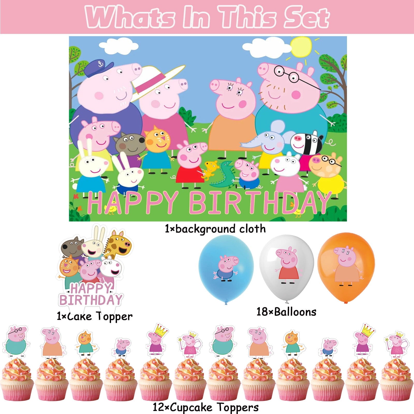 32-Pcs For Peppa Cartoon For Pig-Themed Party Decoration Set – Includes Backdrop, Cake Topper, 12 Cupcake Toppers, and 18 Balloons for Festive Celebrations
