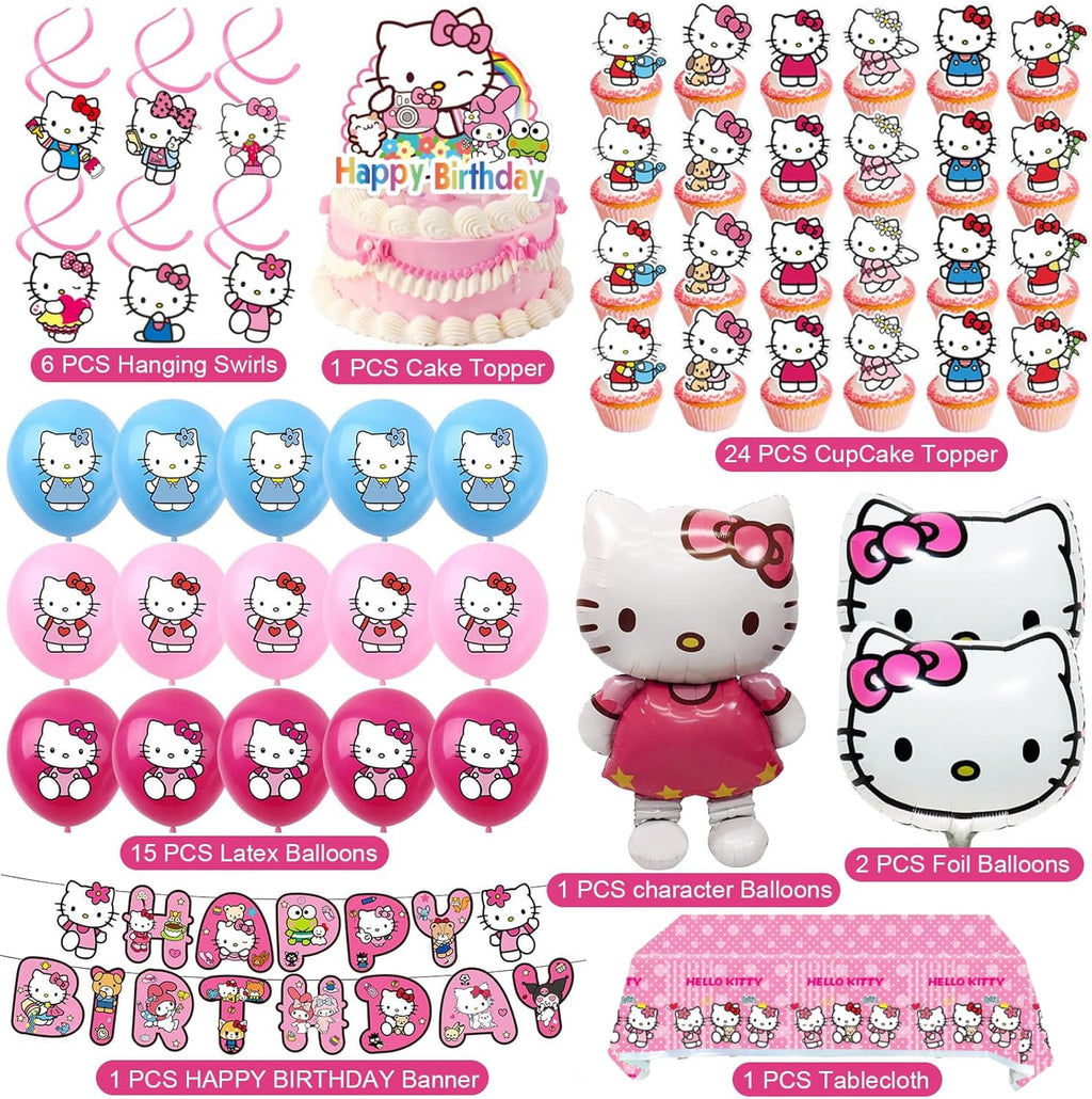 Kitty Birthday Party Supplies, Party Decorations Set Include Banner, Balloons, Hanging Swirls, Cake Cupcake Toppers, Tablecloth for Girls Kitty Theme Party
