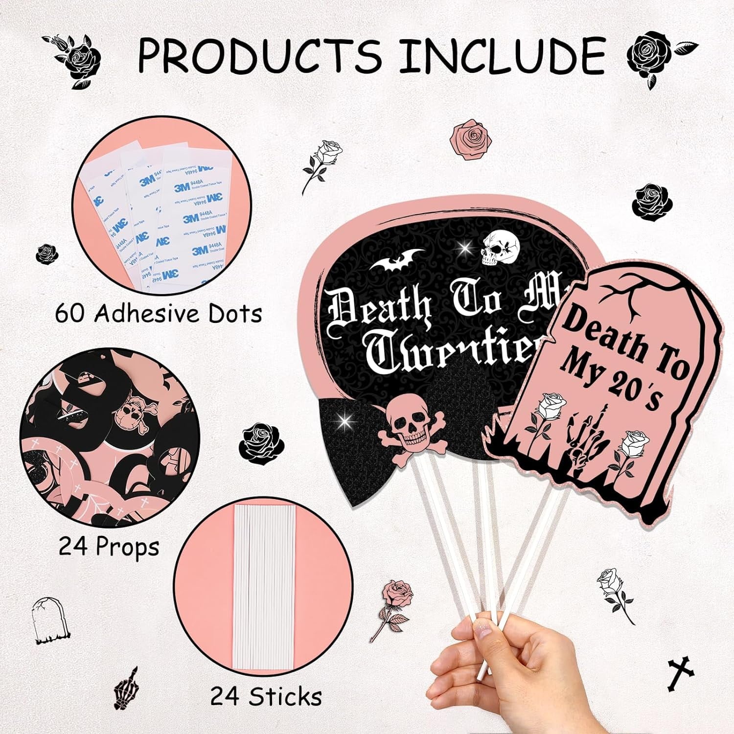 24Pcs 30th Birthday Photo Booth Props, Rip Twenties Birthday Decorations, Death to My 20s Decorations for 30th Birthday Party Supplies Black and Rose Gold