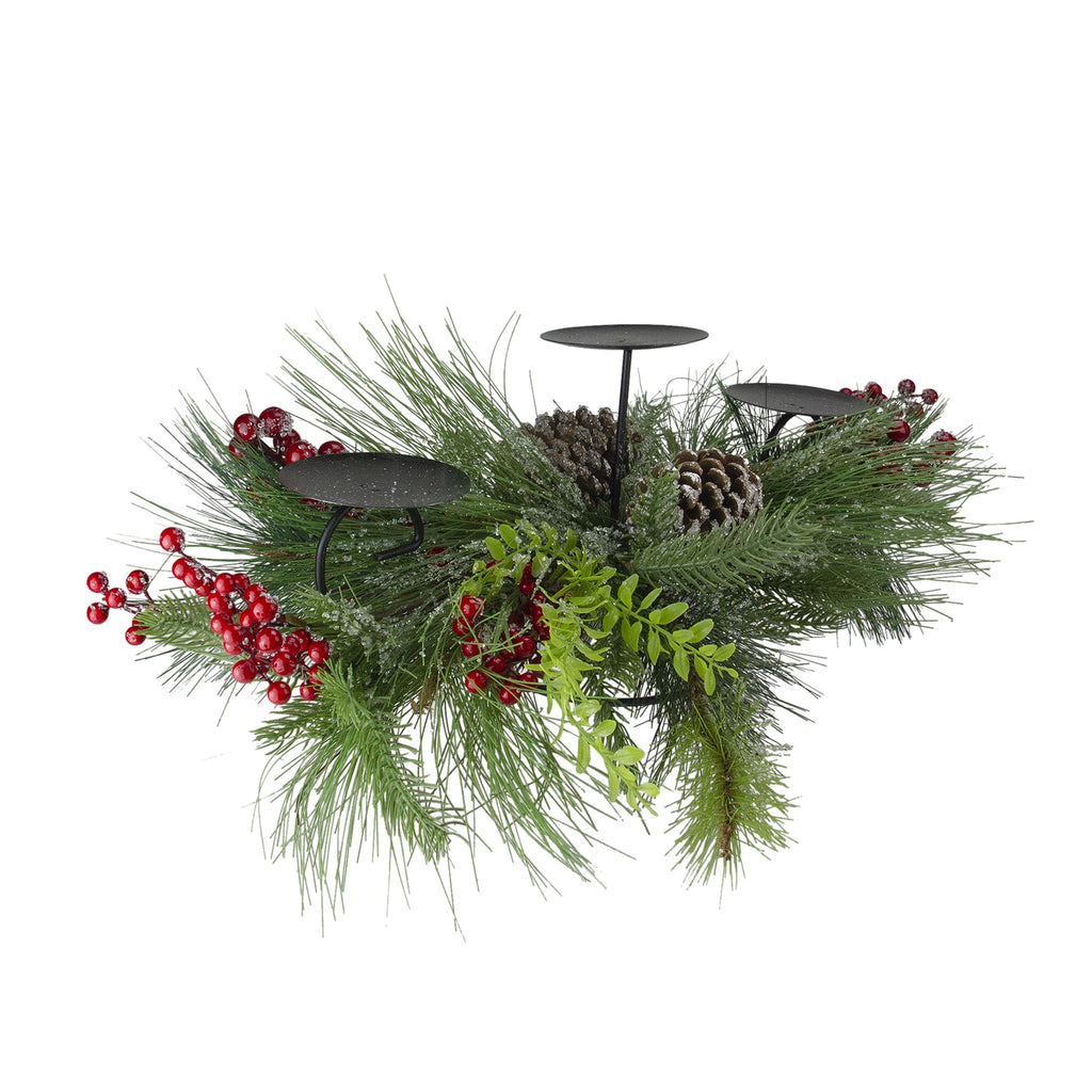 Northlight 32" Iced Mixed Pine, Berries and Pine Cones Christmas Pillar Candle Holder