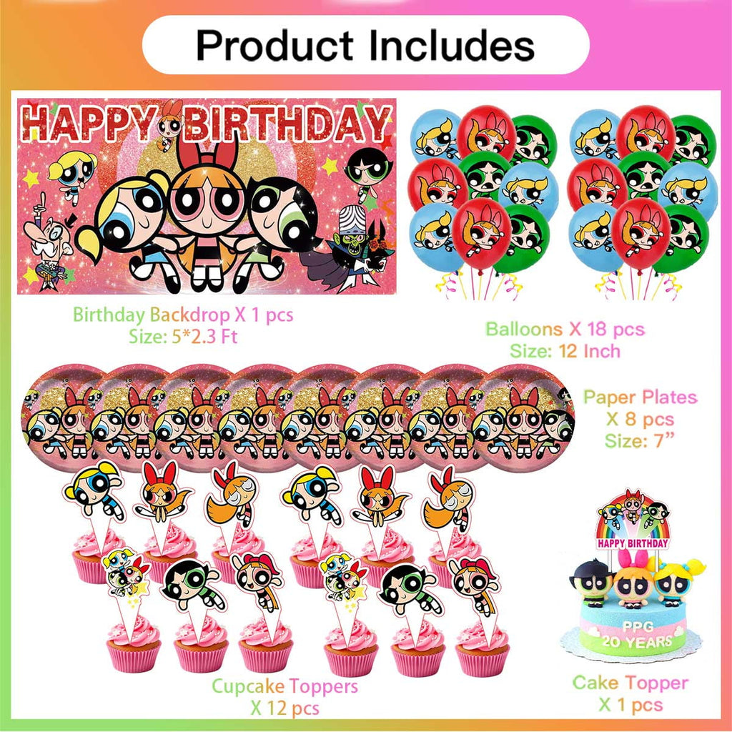The Powerpuff Girls Plates Balloons Party Supplies Decor Backdrop Cake Topper Banner Decorations Tableware
