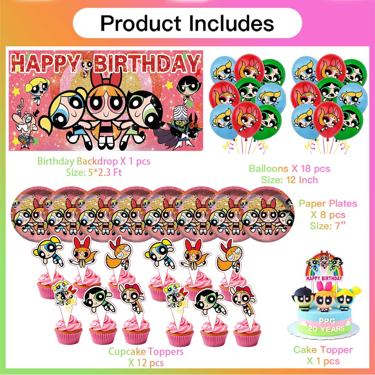 The Powerpuff Girls Plates Balloons Party Supplies Decor Backdrop Cake Topper Banner Decorations Tableware