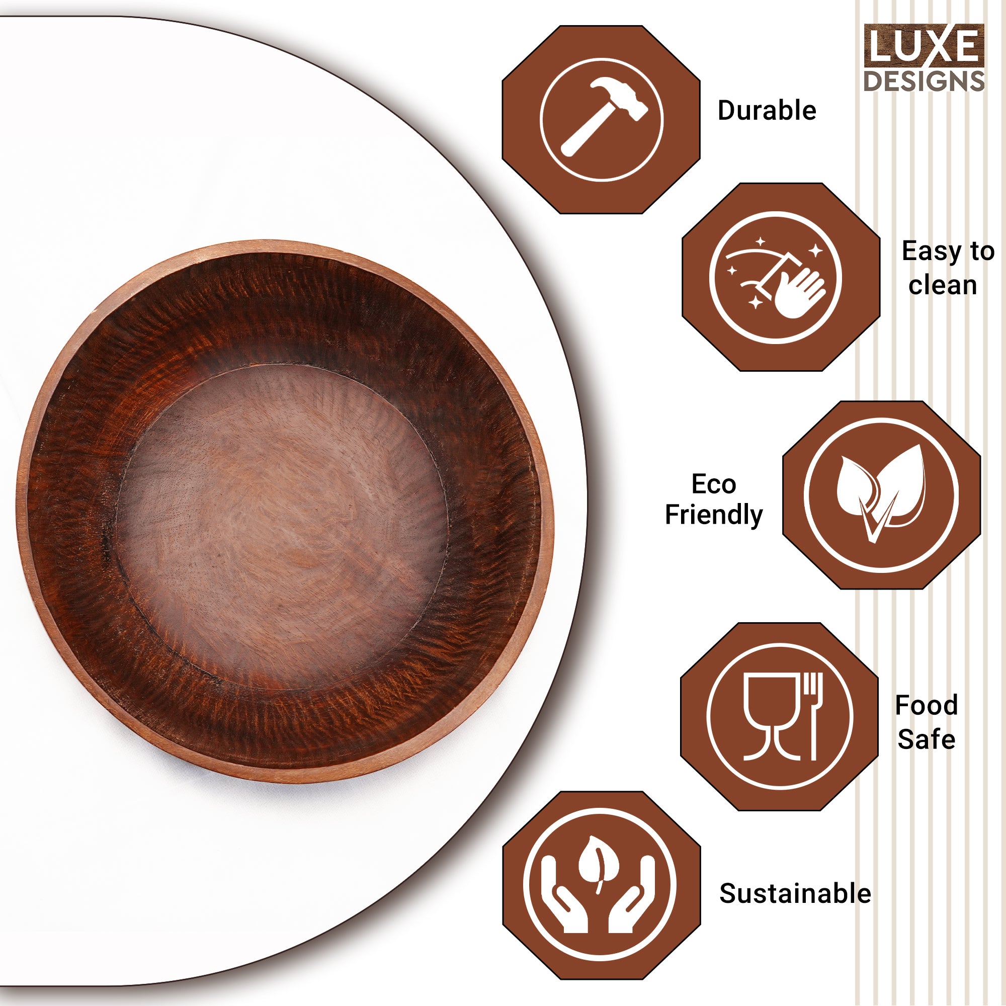 Luxe Designs | Mango Wood Bowl For Fruits, Salad & Popcorn | Wooden Decorative Bowl For Room & Kitchen | 12" x 4.5" x 11"