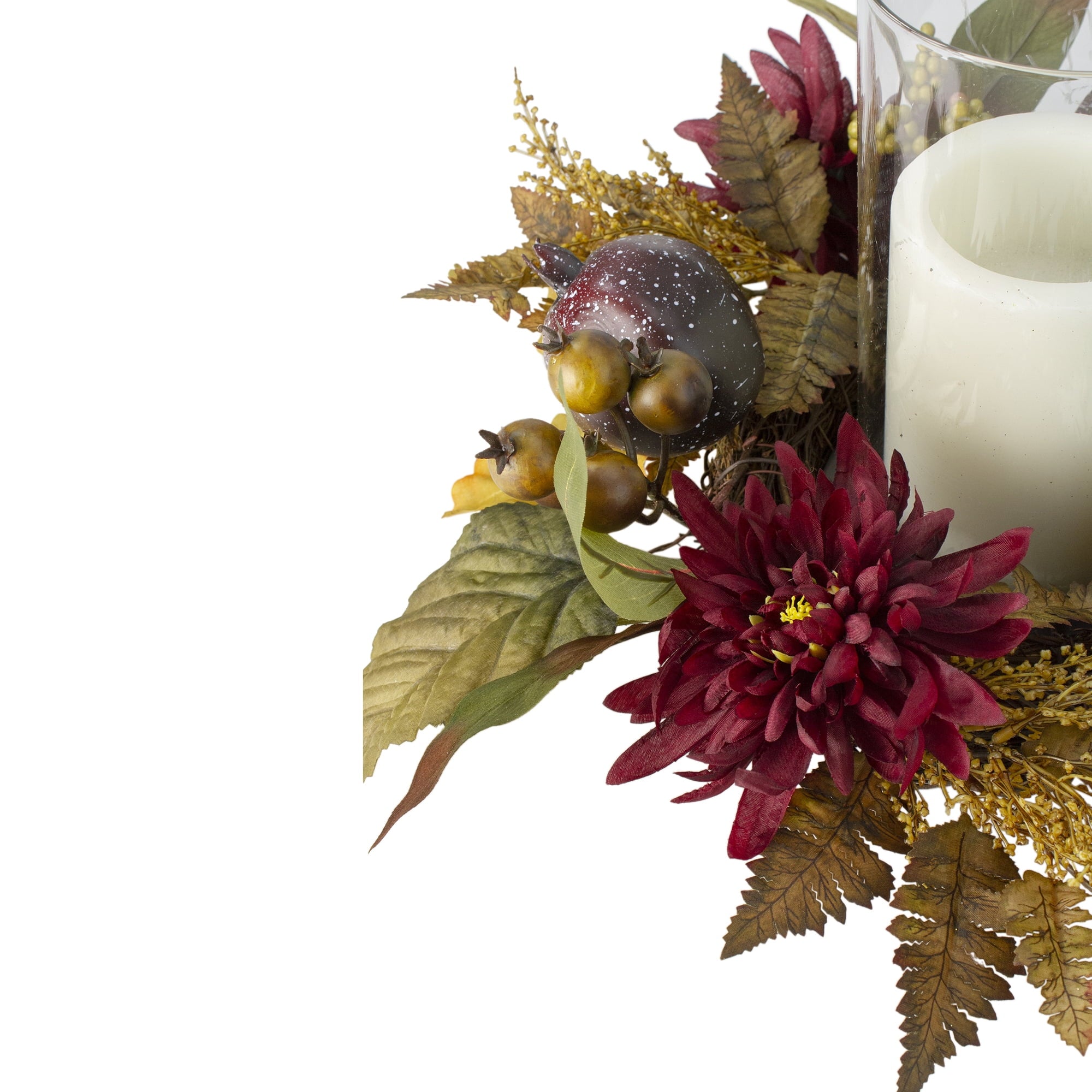 22" Autumn Harvest Mums with Pomegranate Autumn Centerpiece Glass Candle Holder