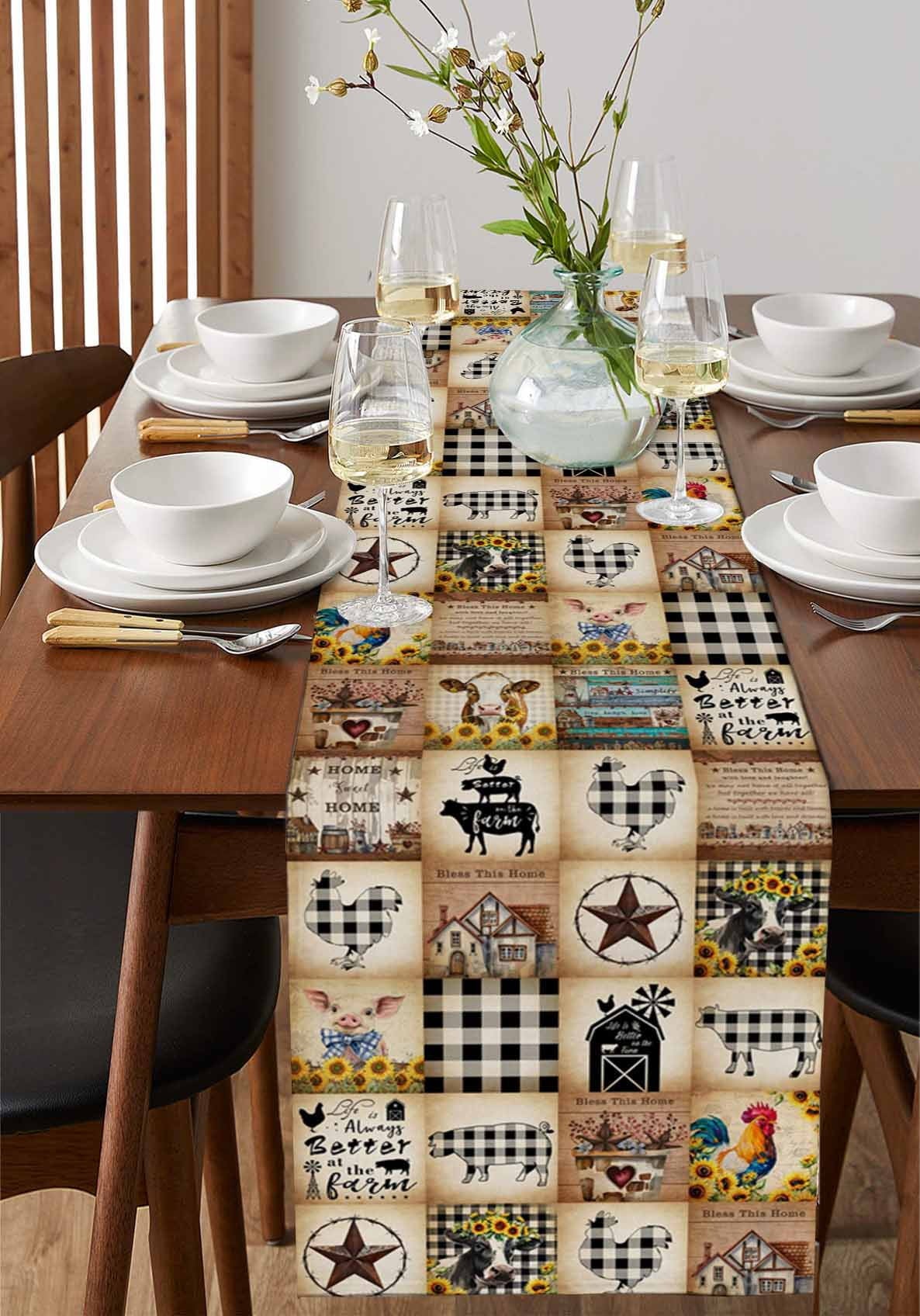 Retro Country Table Runner Vintage Farmhouse Rooster Stars Tablerunners 13 x 90 Inch, Table Decorations Tabletop Scarf for Summer Gathering Holiday Farmhouse Kitchen Dining Decor