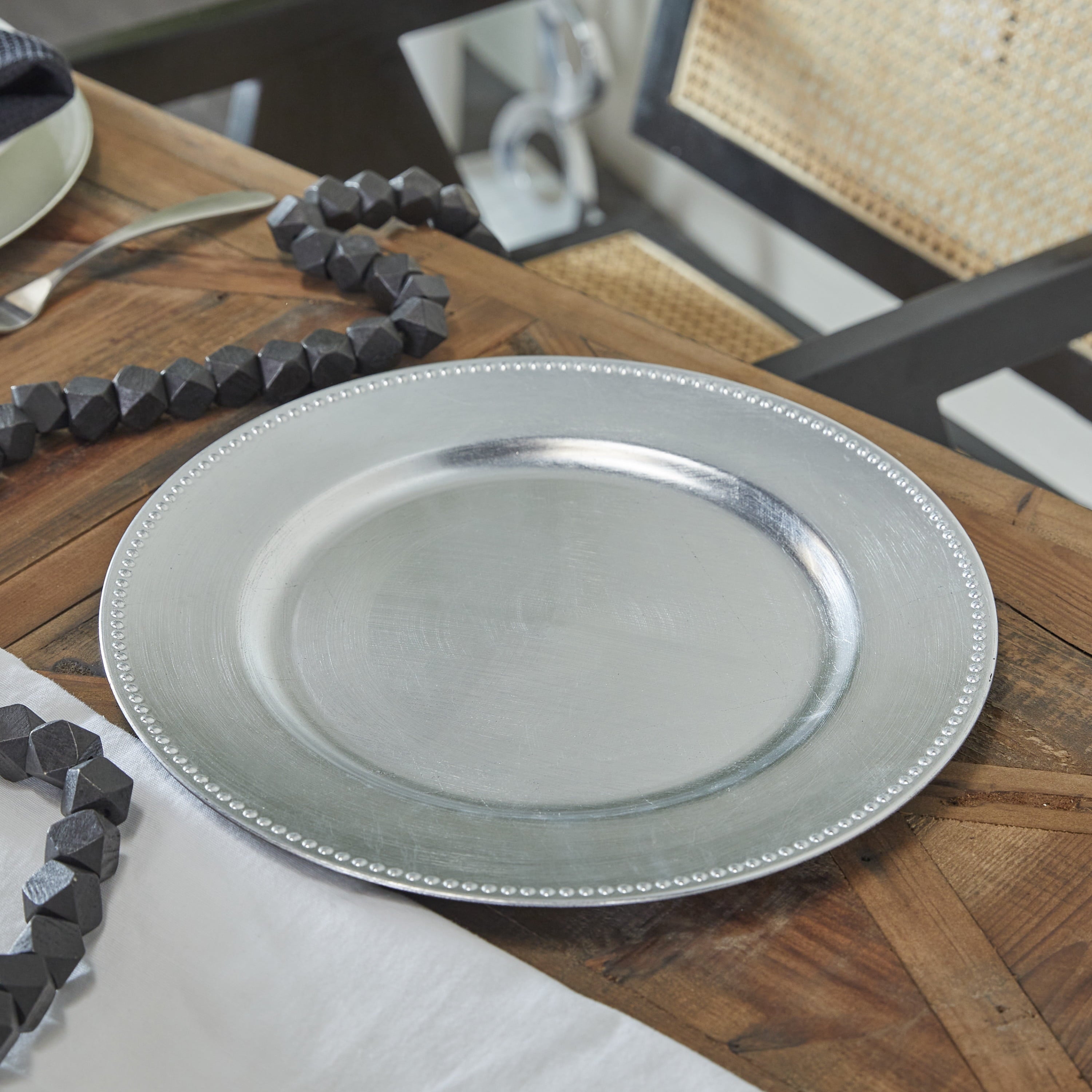 DecMode 13" Round Silver Melamine Charger, Set of 8
