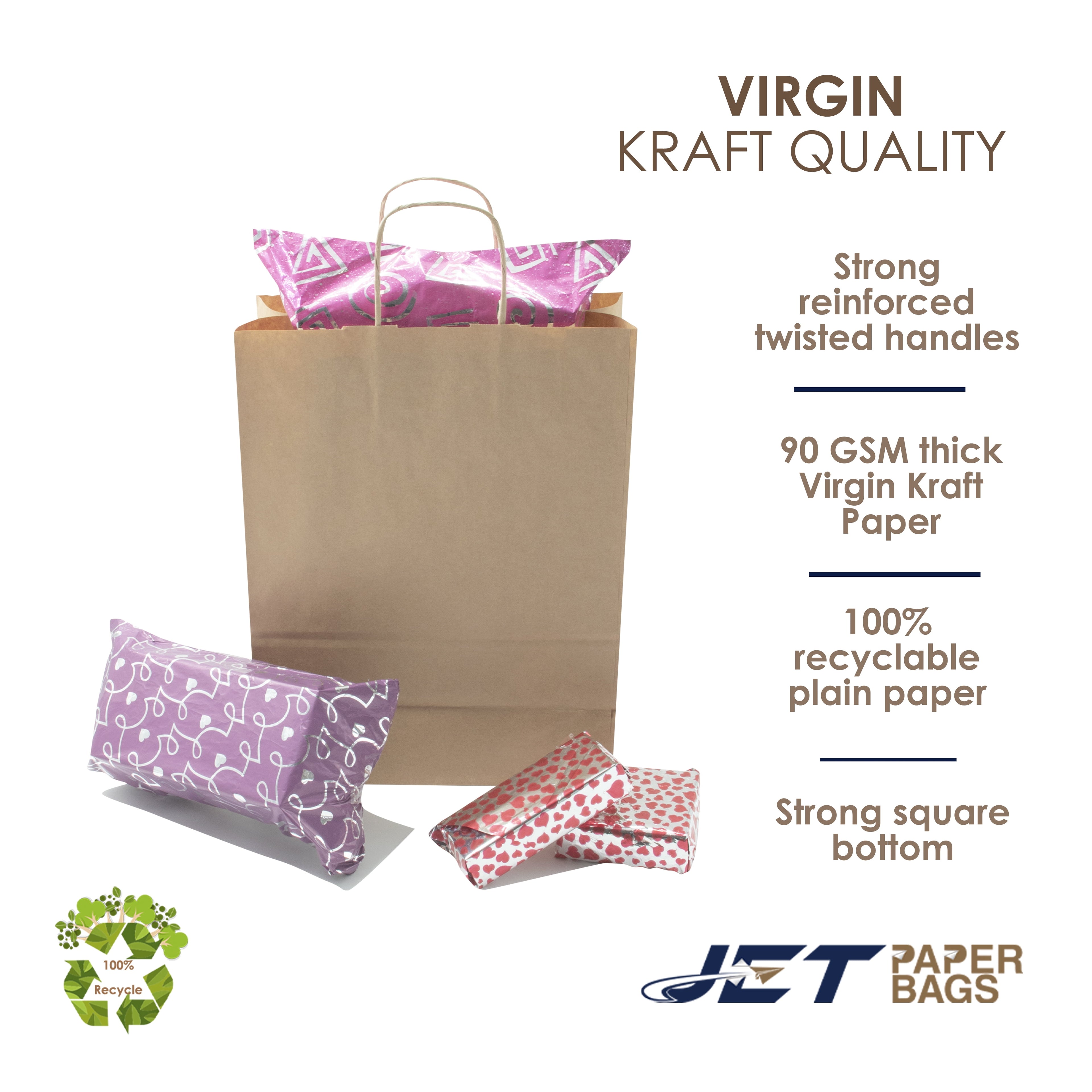 Jet Paper Bags 50 Pcs 10" x 5" x 10H" Brown Kraft Paper Shopping Bag with Twisted Handles - AYLA