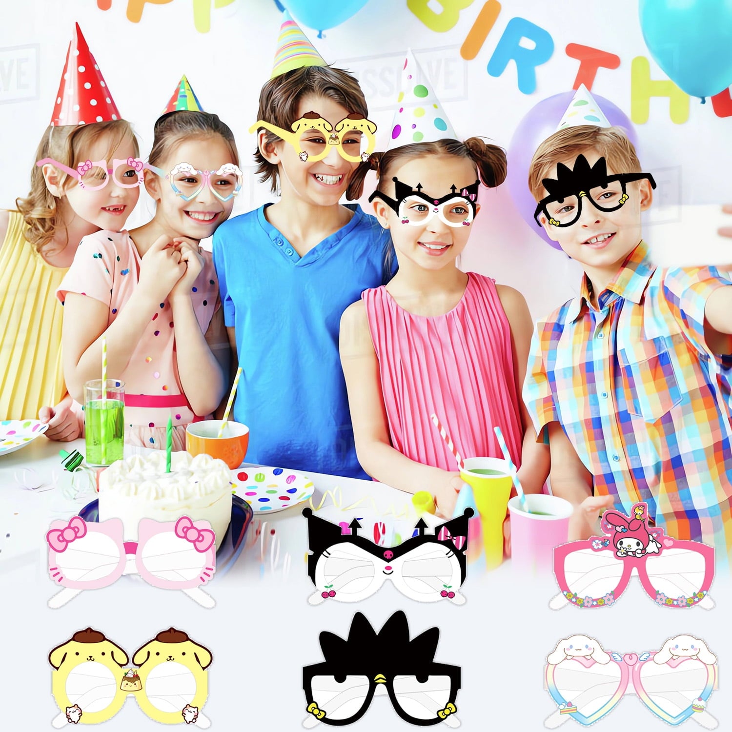 12Pcs Sanrio Themed Glasses, Party Supplies Photo Booth Prop Cartoon Character Cosplay Birthday Gift for Kids.