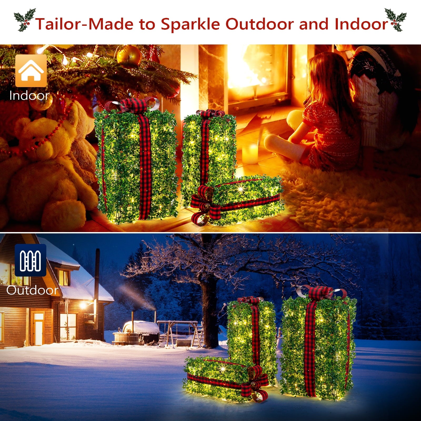 Zimtown 3 Set Lighted Gift Boxes Christmas Decorations PVC LED150 Light for Indoor Outdoor Decor