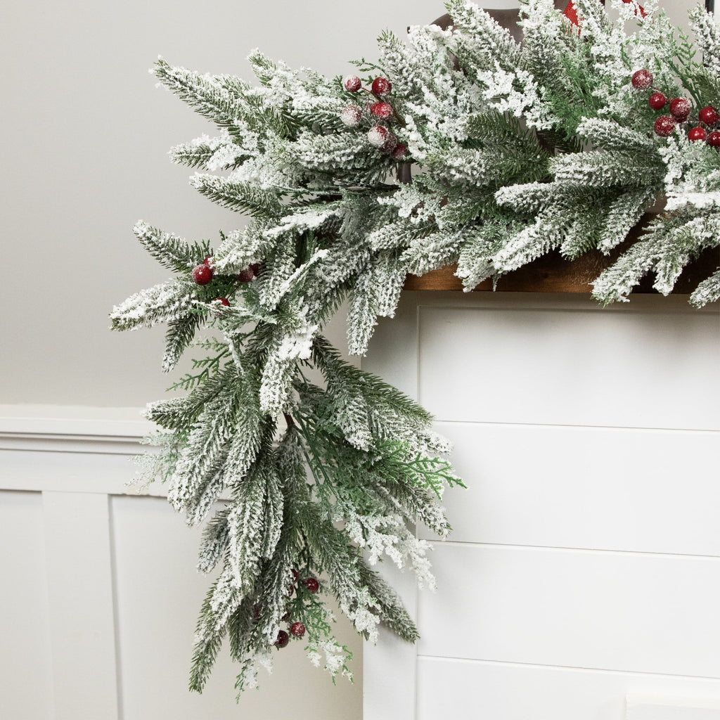 Northlight Real Touch™️ Flocked Wind River Fir with Berries Artificial Christmas Garland - 7' x 12"