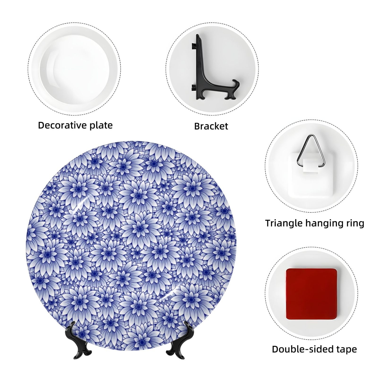 Cauagu Blue And White Flowers Print Bone China Decorative Plate, Wall Mount Plate Holiday Decor Decorative Ceramic Plates with Stand Elegant Household Plates Decorative-6in