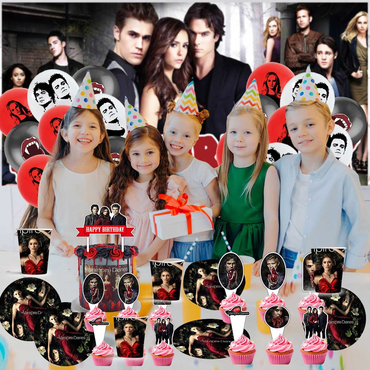 The Vampire Diaries Balloons Supplies Party Decor Plates Decorations Banner Cake Topper Tableware Banner Backdrop