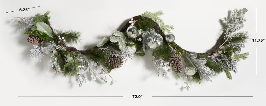SAFAVIEH Faux 28 Inch Snowy Pine Led Garland W/ Ornaments, Silver/Green
