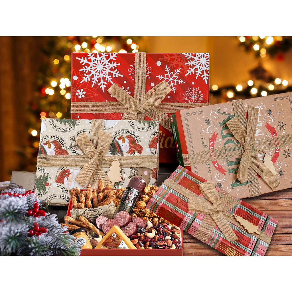 4 Pack Christmas Gift Boxes with Lids Nesting Square Box Set in Bows Decor Designs for Christmas Holiday Birthday Wedding Present