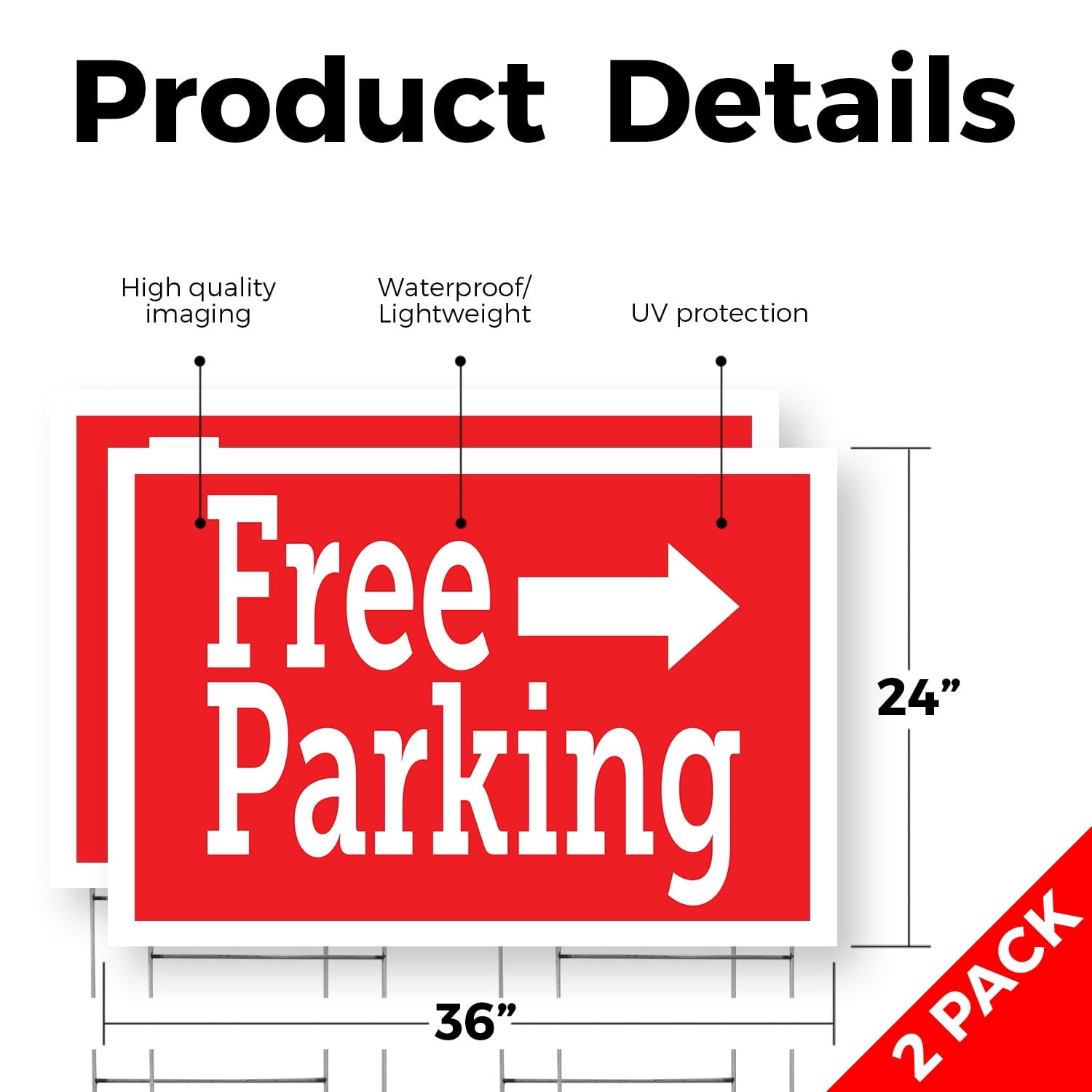 Free Parking Right Yard Sign 2 Pack of 24 Inch x 36 Inch Single Sided Weatherproof Heavy-Duty Plastic with Stake | Event Promotions, Clear Directions, Outdoor Display | Made in USA