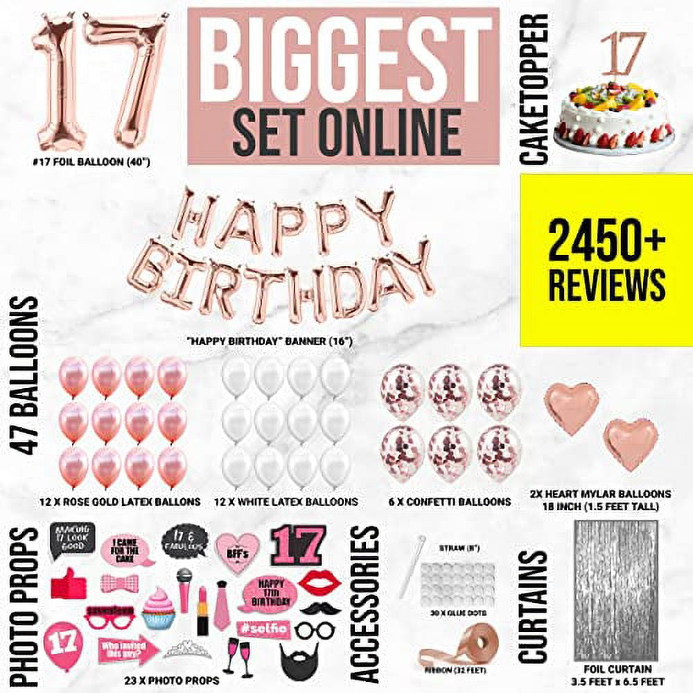 74 Piece Rose Gold 17th Birthday Decorations For Girls, 17 Birthday Decorations For Girls, 17 Year Old Girl Gift Ideas, 17th Birthday Gifts For Girls, 17 Birthday Cake Topper, Balloons 17