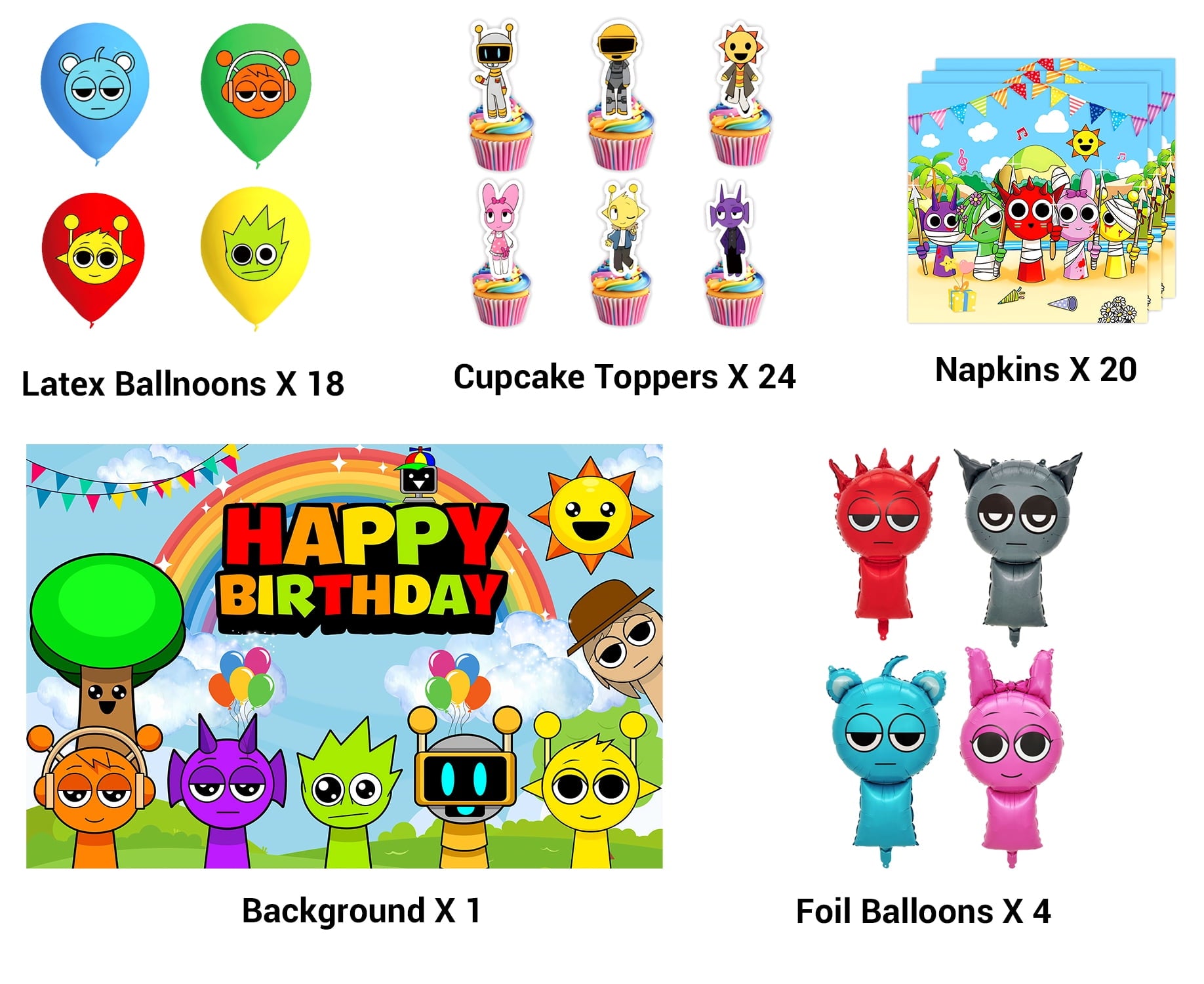 231 Pcs Sprunki Birthday Party Decoration Set - 24 Cake Toppers, 18 Balloons, 1 Happy Birthday Banner, 55 Stickers, 1 Large Cake Topper, 1 Table Cloth, 1 Backdrop Banner Party Supplies for Fans.