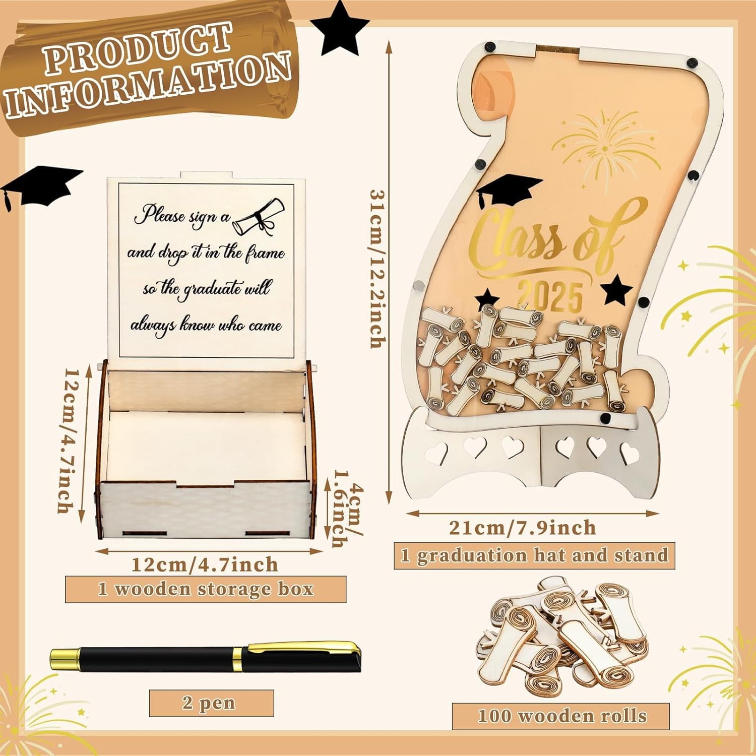 Graduation Guest Book 2025 Graduation Signatures Collecting Name Drop Sign Book with 100pcs Wooden Scroll 1pc Storage Welcome Box 2pcs Pens for Congrats Graduation Party