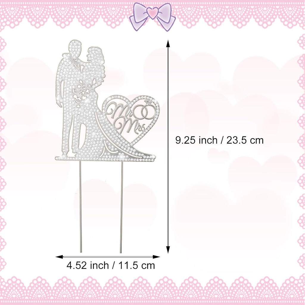Mr and Mrs Cake Topper - 1Pcs Rhinestone Metal Love Bride and Groom Wedding Cake Topper - Silver Anniversary Party Bridal Shower Engagement Cake Decorations (Silver)