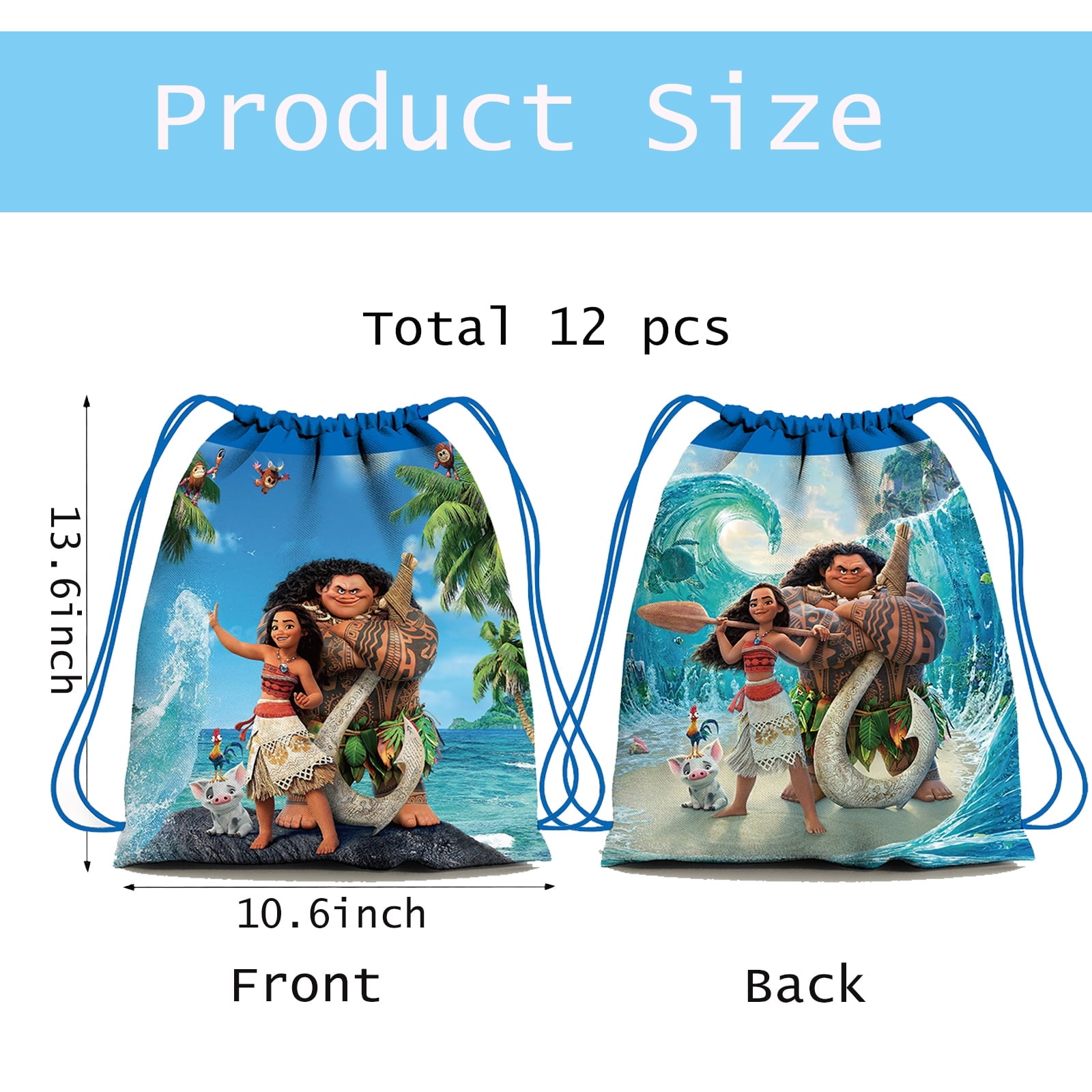 Moana Party Drawstring Bag,12pcs Reusable Moana Non-Woven Gift Backpacks Moana Goodie Favor Bags for Movie Girls Theme Birthday Party Decorations Supplies