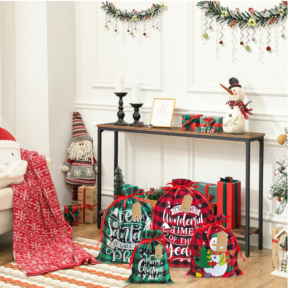 Christmas Bags Christmas Gift Bags Santa Sacks Large Buffalo Reusable Fabric Drawstring Gift Pouches for Xmas Party Favor Red Green 10Pcs