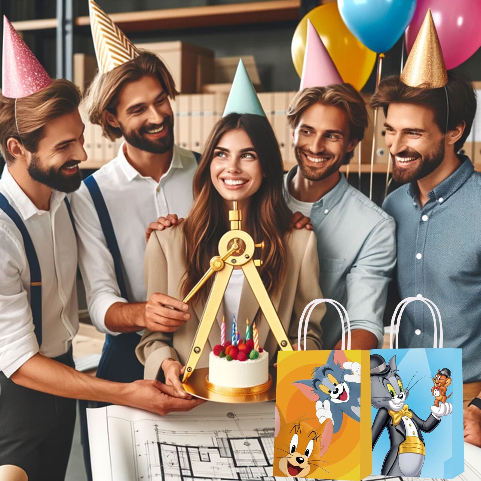 16 Pcs For Tom and Jerry-Themed Party Favor Bags - Candy Gift Bags with Handles for Celebrations and Event Decorations