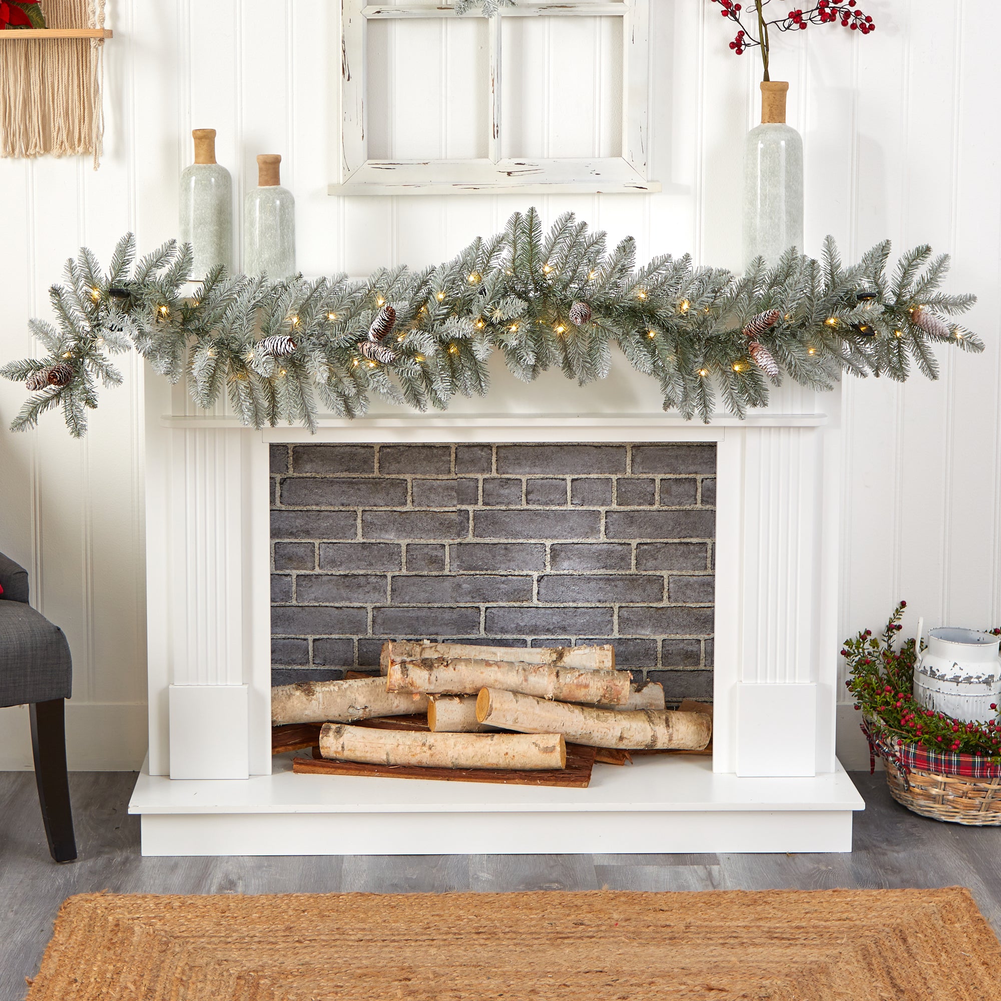 Nearly Natural Prelit Frosted Pine LED Battery Operated Garland, with Pinecones 72" (White)