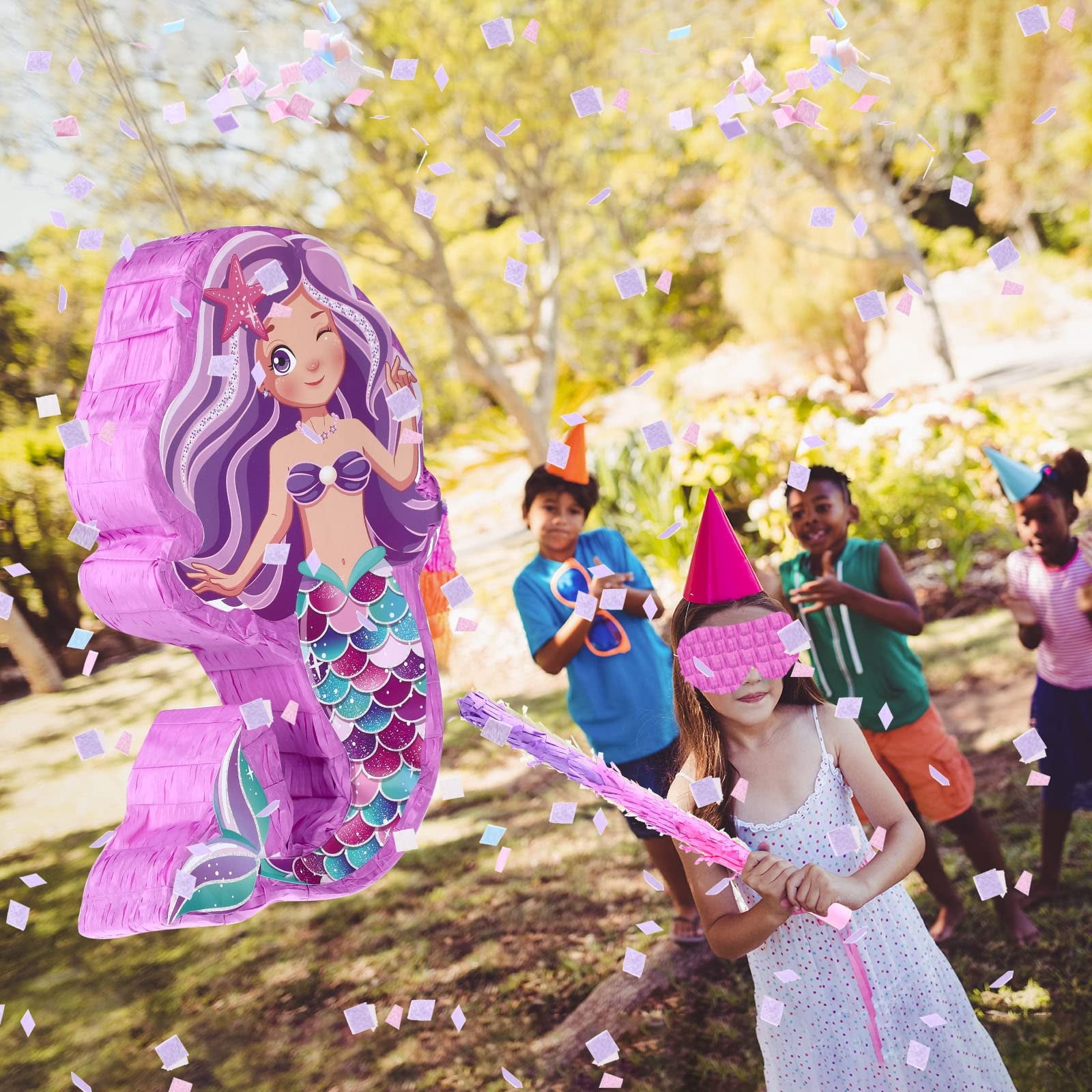 JBee Ctrl Mermaid Pinata - Mermaid Party Supplies Pinata Bundle with Blindfold and Bat for Girls Kids Ocean Theme Birthday Party Game Decorations (15.8" x 11.8" x 3.5")