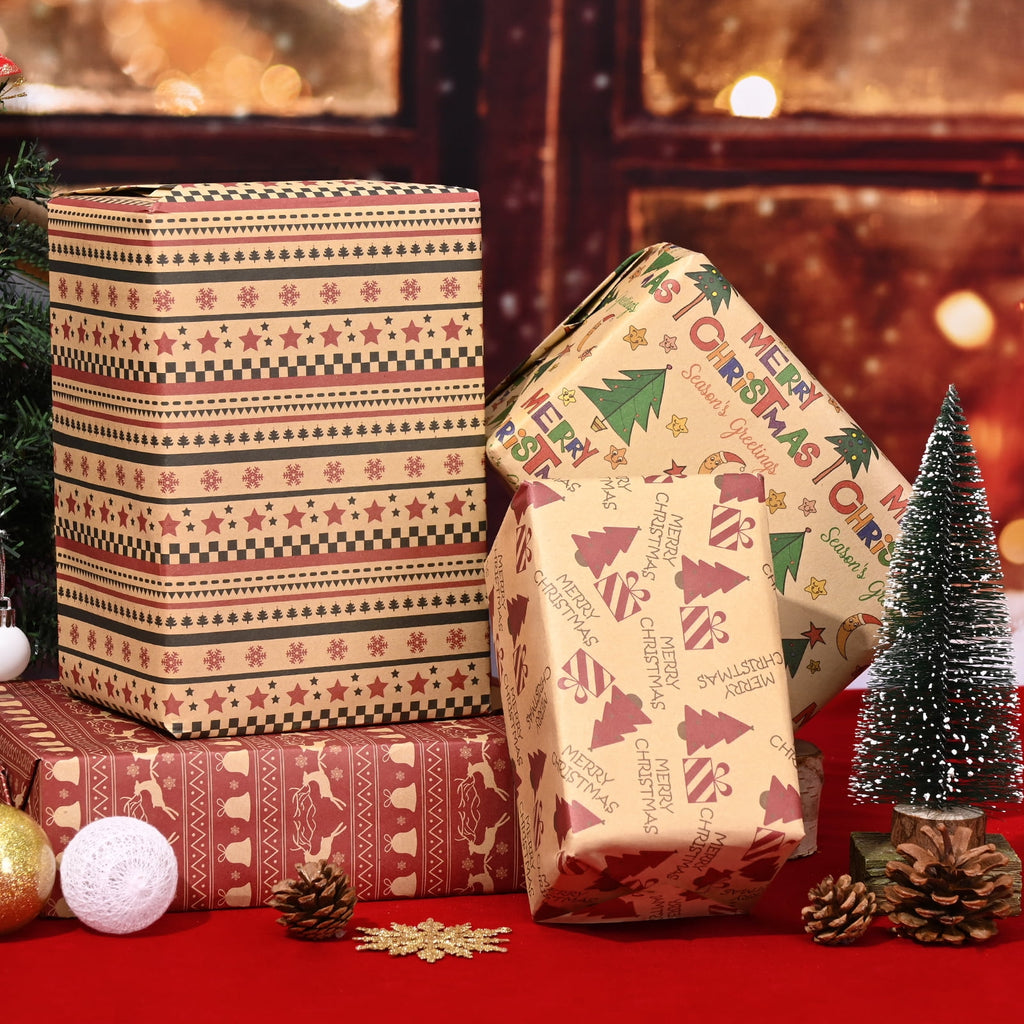 DAZLUTE 20 Sheets Christmas Wrapping Paper Red Snowflake/Xmas Tree Elk/Bell Printed Art Paper 27.6 x 19.7 Inch Xmas Folded Flat Gift Wrap Paper for Winter Holiday Birthday Party