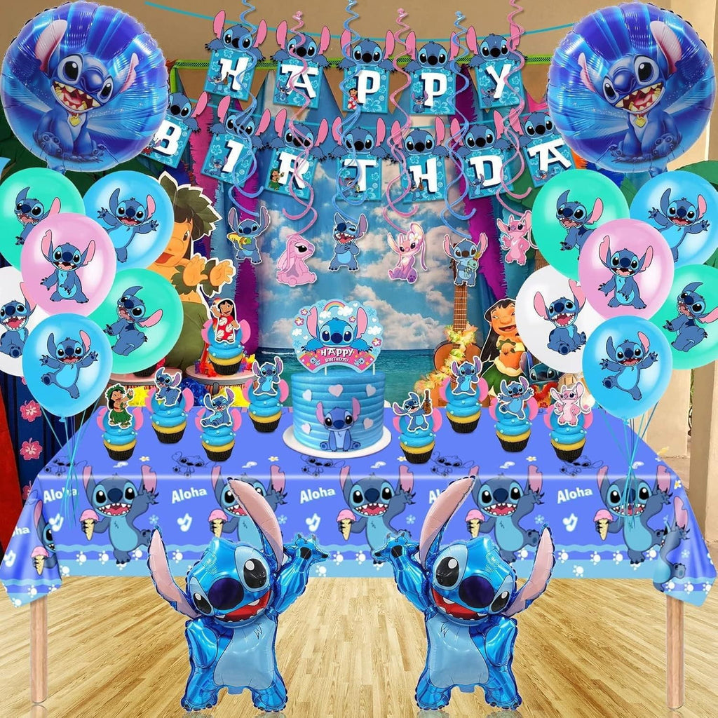 Stitch Party Supplies Happy Birthday Decorations Set Include Banner, Balloons, Stickers, Hanging Swirls, Cake Cupcake Toppers, Tablecloth for Boys Girls Cartoon Theme Party