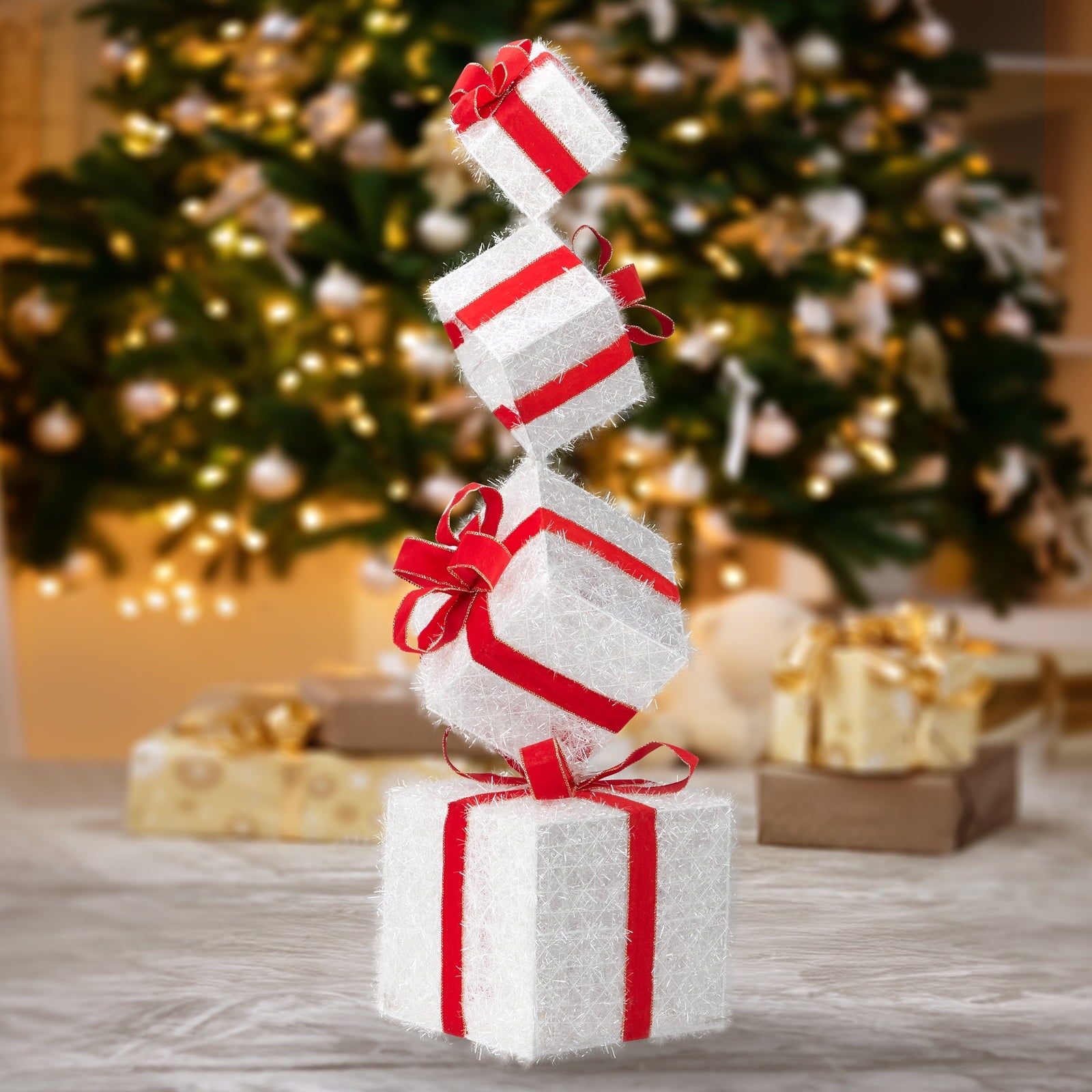 UBesGoo Glitter Accented Gift Box for Indoor or Outdoor Decoration,Vertical 4 Level Gift Box