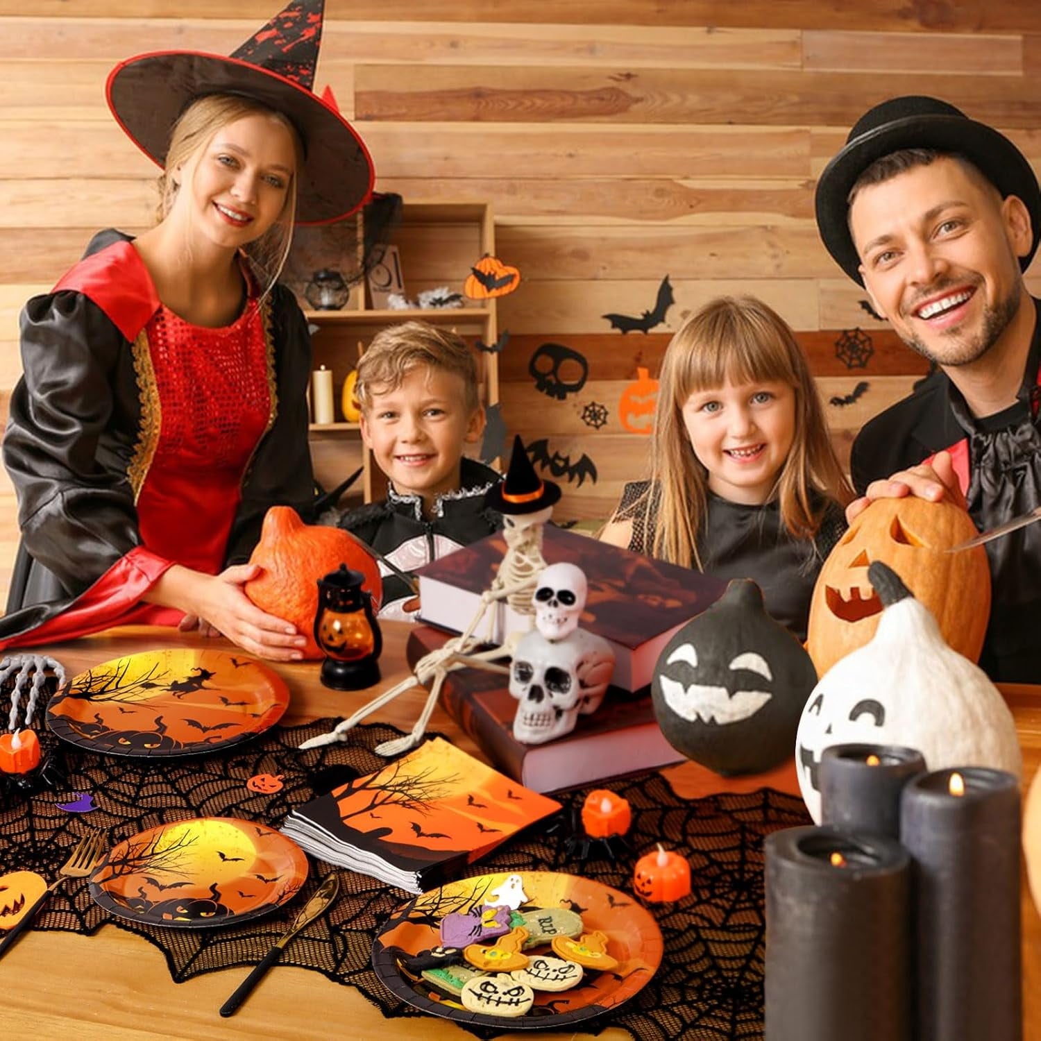 Waipfaru 200 PCS Halloween Party Supplies Paper Plates and Napkins Orange Pumpkin Disposable Tableware for Party Decoration