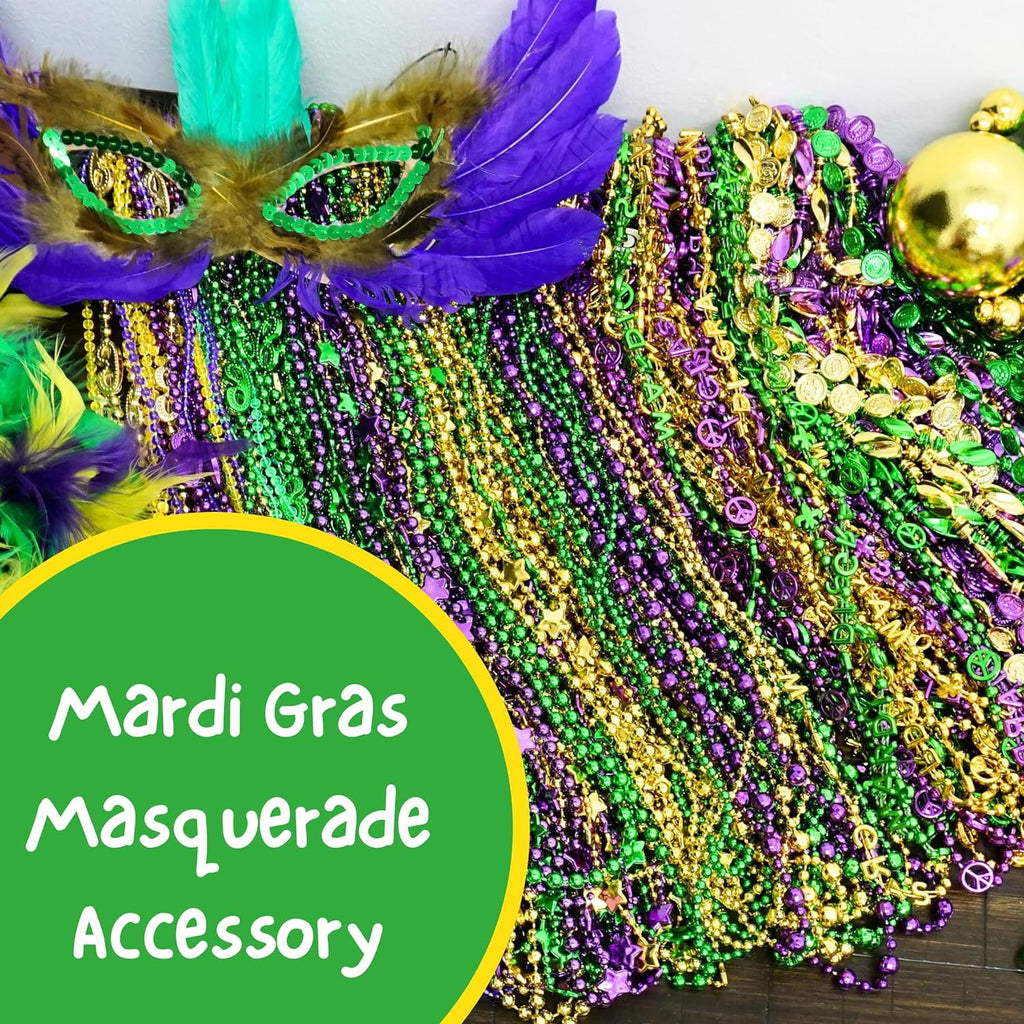 4E's Novelty Mardi Gras Bead Assortment (100 Pcs), Purple Green Gold, Metallic Necklaces
