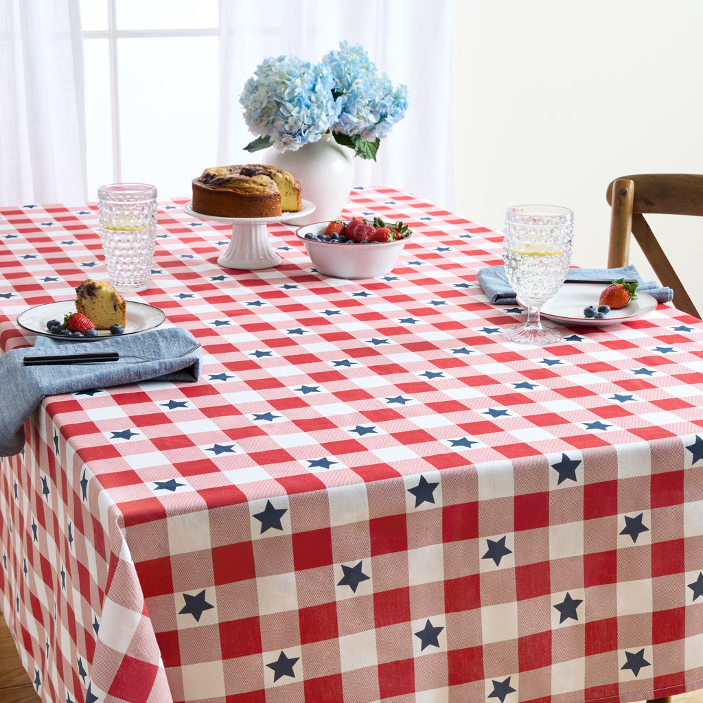 MARTHA STEWART Americana Star Gingham Plaid Indoor Tablecloth, Patriotic USA America Decor, Red/White/Blue, 60"x84"