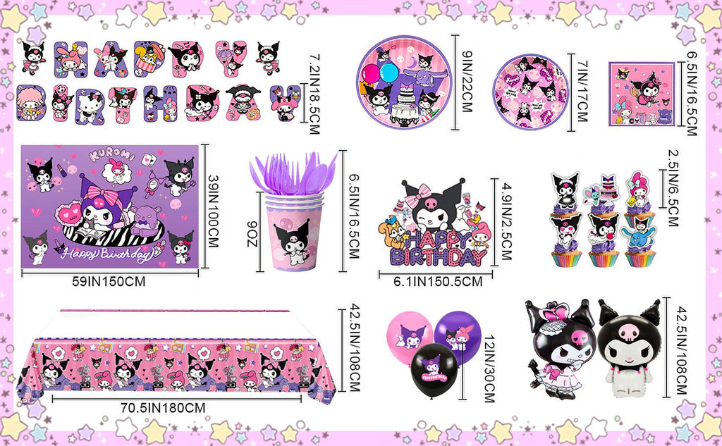 Kuromi birthday party decoration supplies, Kuromi party supplies including Kuromi cake decorations balloons banners plates napkins cups Kuromi party decorations for girls and kids