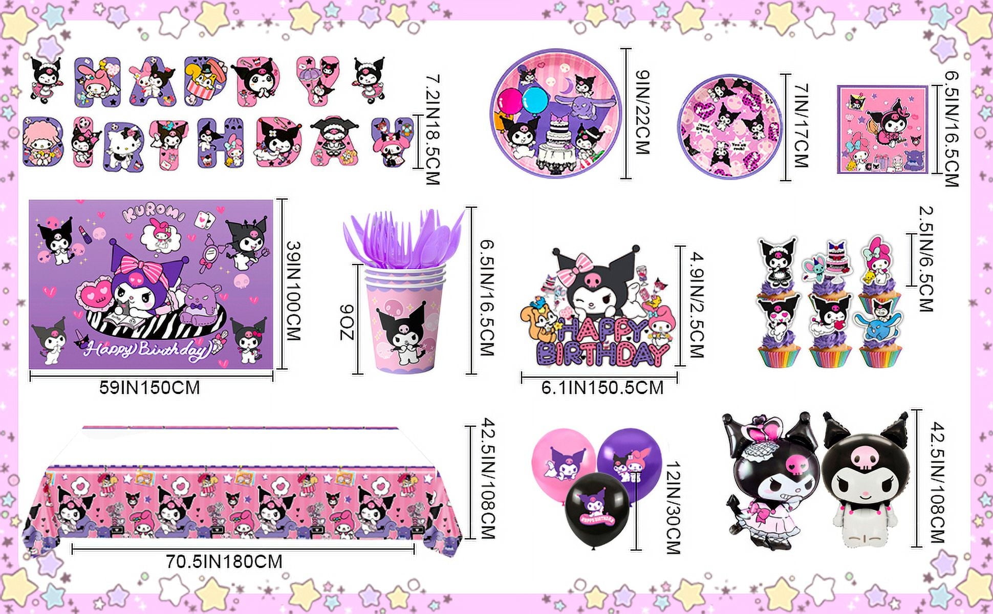 Kuromi birthday party decoration supplies, Kuromi party supplies including Kuromi cake decorations balloons banners plates napkins cups Kuromi party decorations for girls and kids