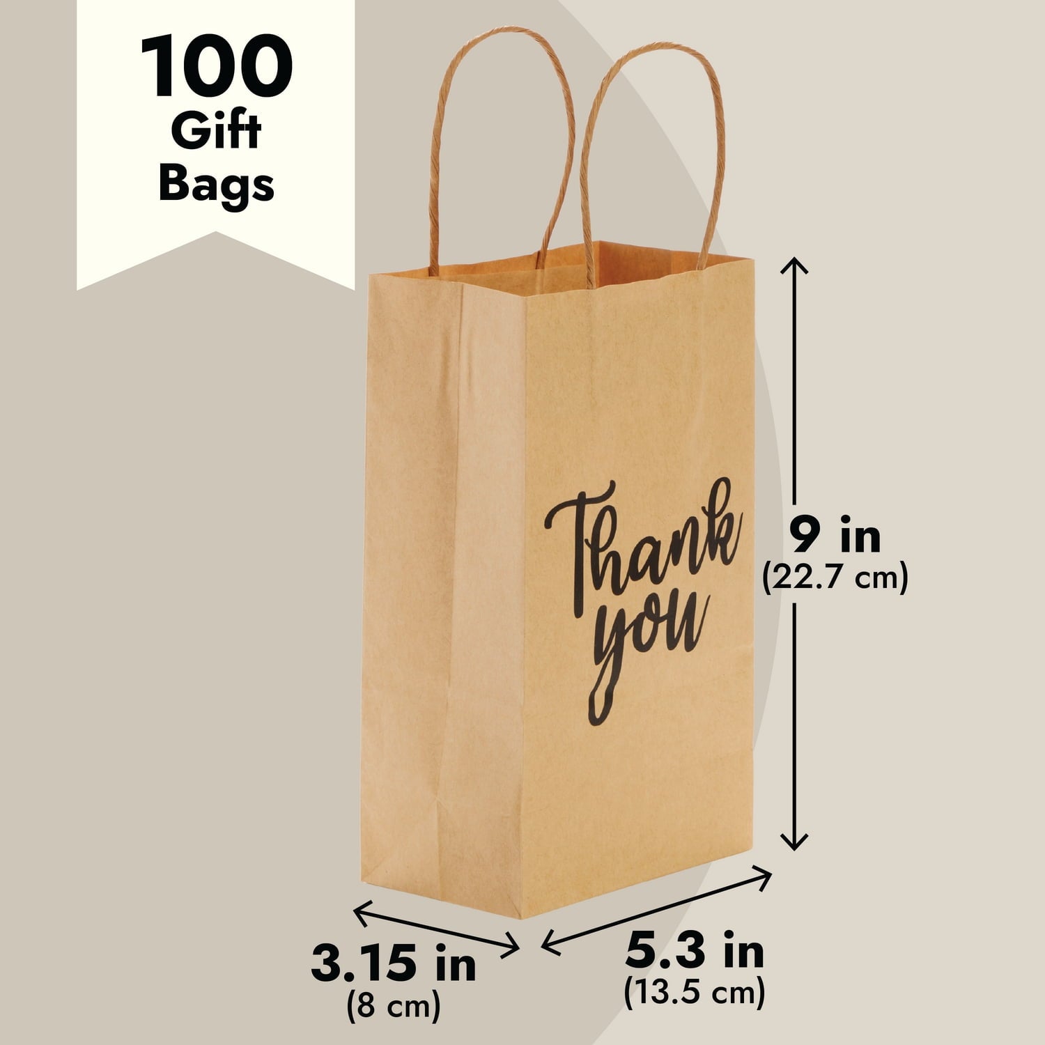 100-Pack Small Thank You Gift Bags with Handles, Brown Kraft Paper Bulk Bags for Weddings, Birthday Party Favors, Gift Wrapping, Retail Small Businesses (9x5.3x3 in)