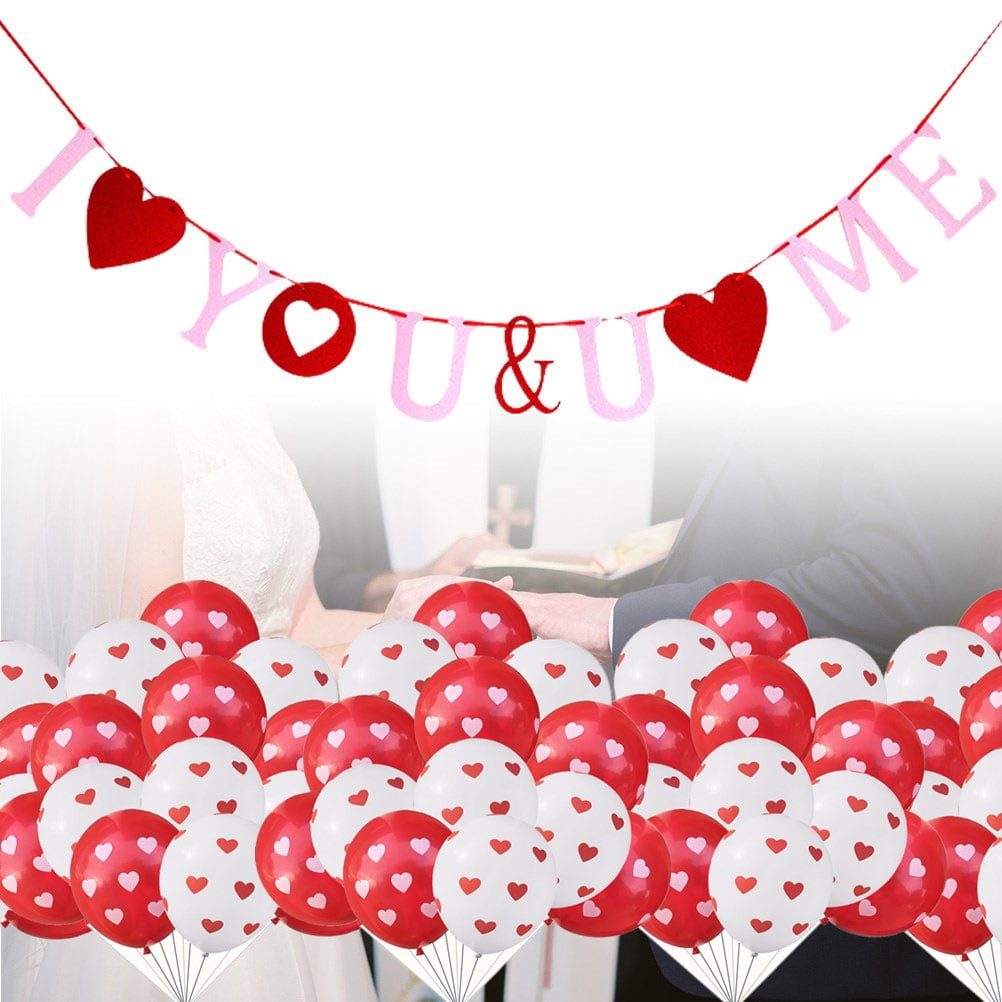 Masteelf 150 pcs  12 Inches Red Background White Heart Printing Balloon Decoration Love Heart Balloons Valentines Day Latex Balloons Wedding Photo Props Party Supplies with Random Color Ribbon