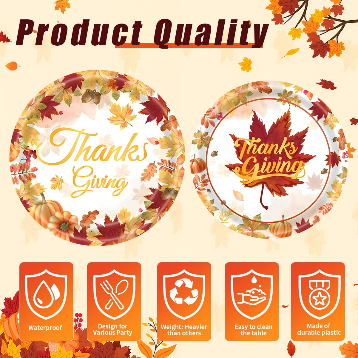 Fall Thanksgiving Paper Plates for Party Supplies Decoration Pumpkin Maple Leaf Napkins Tablecloth Banner Disposable Dinnerware for Autumn Harvest Table Decor Serve 24 Design3