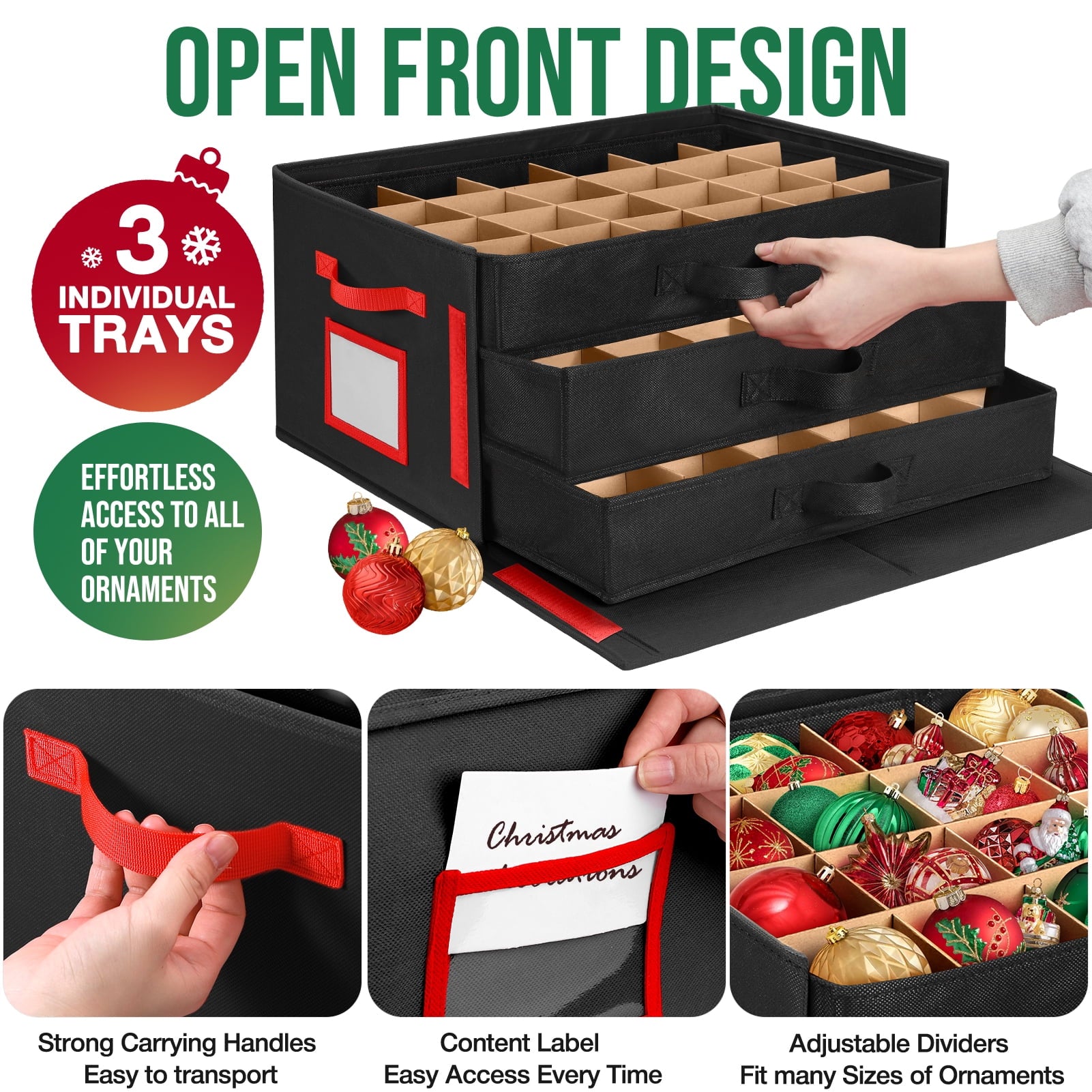 Ayieyill Premium Large Christmas Ornament Storage Box, Christmas Ornament Organizer, with Side Open, 3 Removable Trays - Keeps 72 Holiday Ornaments, Black