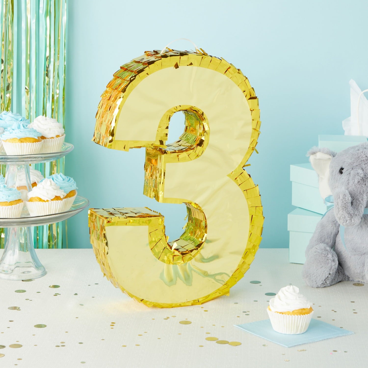 Juvale Gold Foil Number 3 Pinata for Kids Ages 3-14 Birthday Party Decorations, Centerpieces, Anniversary Celebrations, Small (11.1 x 2.9 x 16.1 In)