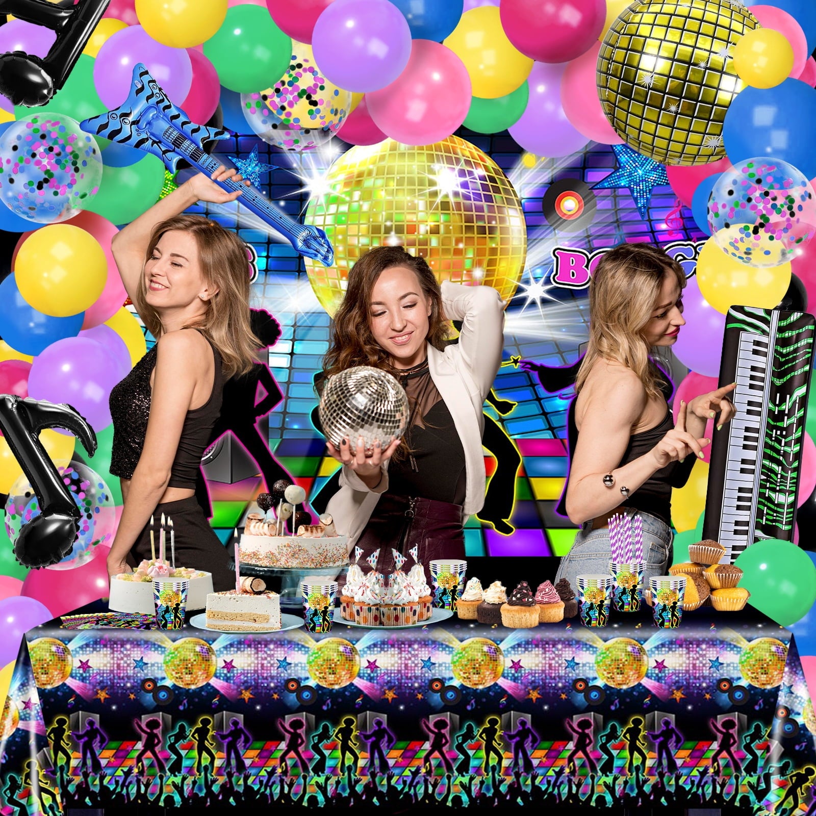 Mocsicka 70s Party Decorations 280 PCS Disco Party Decorations Kit Let's Boogie Backdrop Disco Balloons 70s Tableware Tablecloth Disco Party Supplies