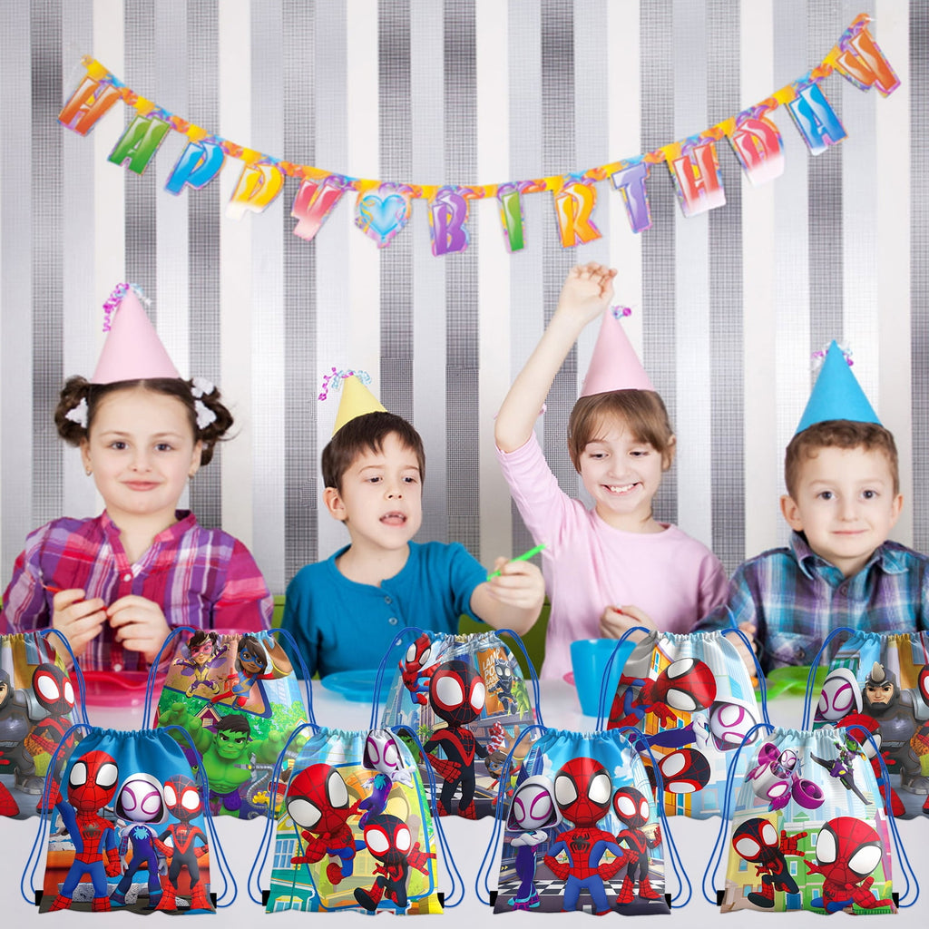 16 PCS Spidey Party Gift Bag, Spidey Birthday Party Drawstring Bags Goodie Candy Bag for Birthday Party Supplies