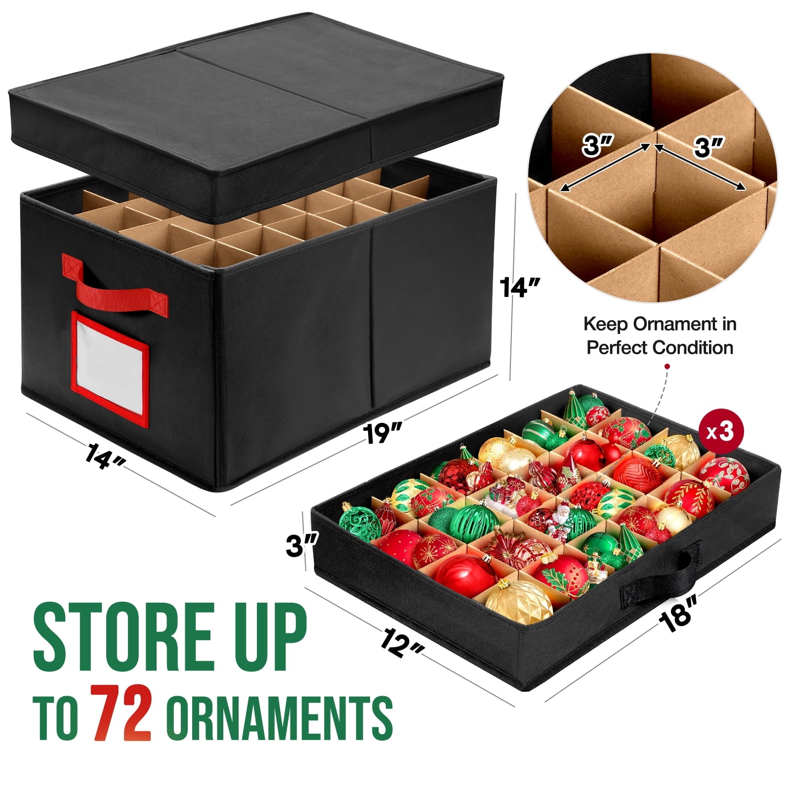 Ayieyill Premium Large Christmas Ornament Storage Box, Christmas Ornament Organizer, with Side Open, 3 Removable Trays - Keeps 72 Holiday Ornaments, Black