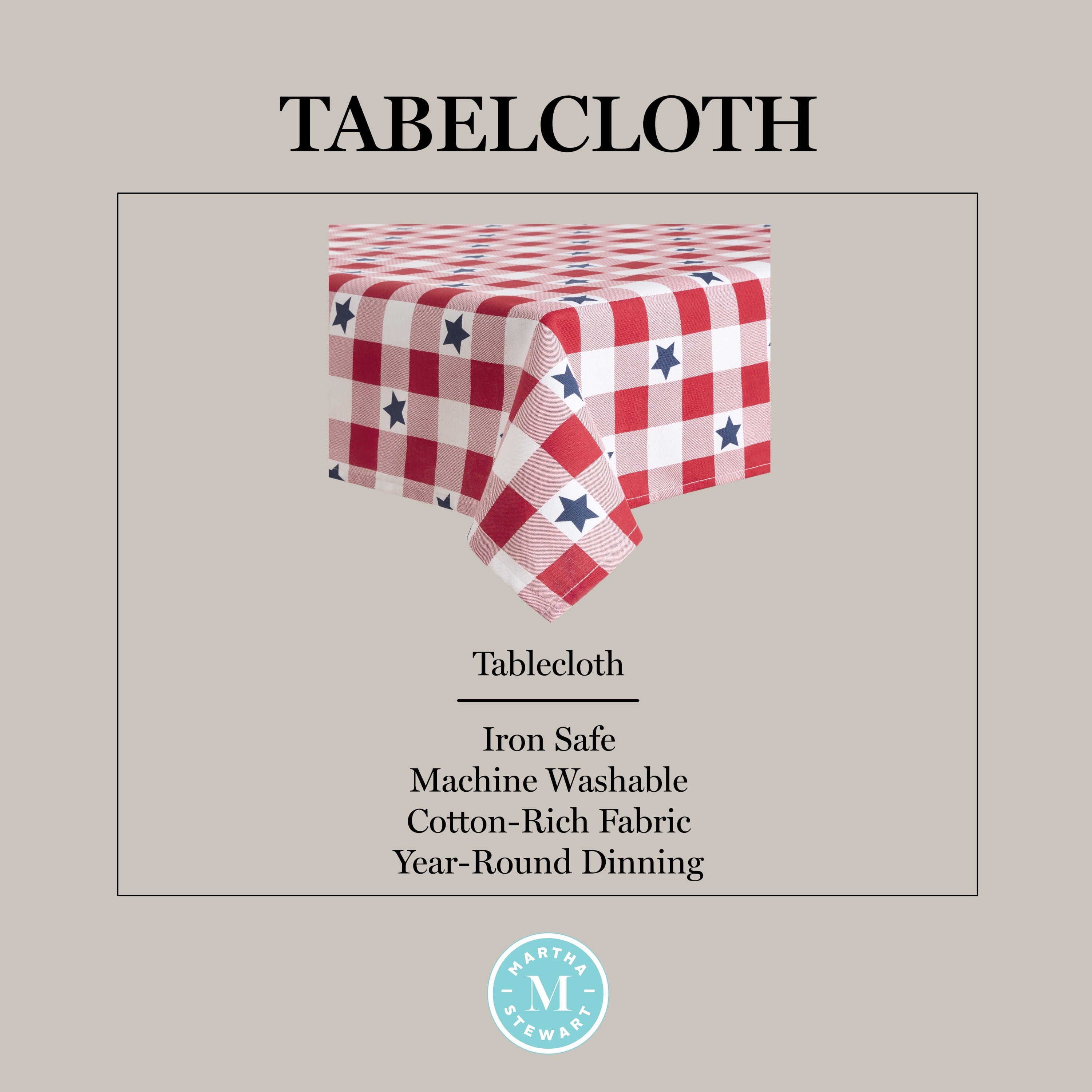 MARTHA STEWART Americana Star Gingham Plaid Indoor Tablecloth, Patriotic USA America Decor, Red/White/Blue, 60"x84"