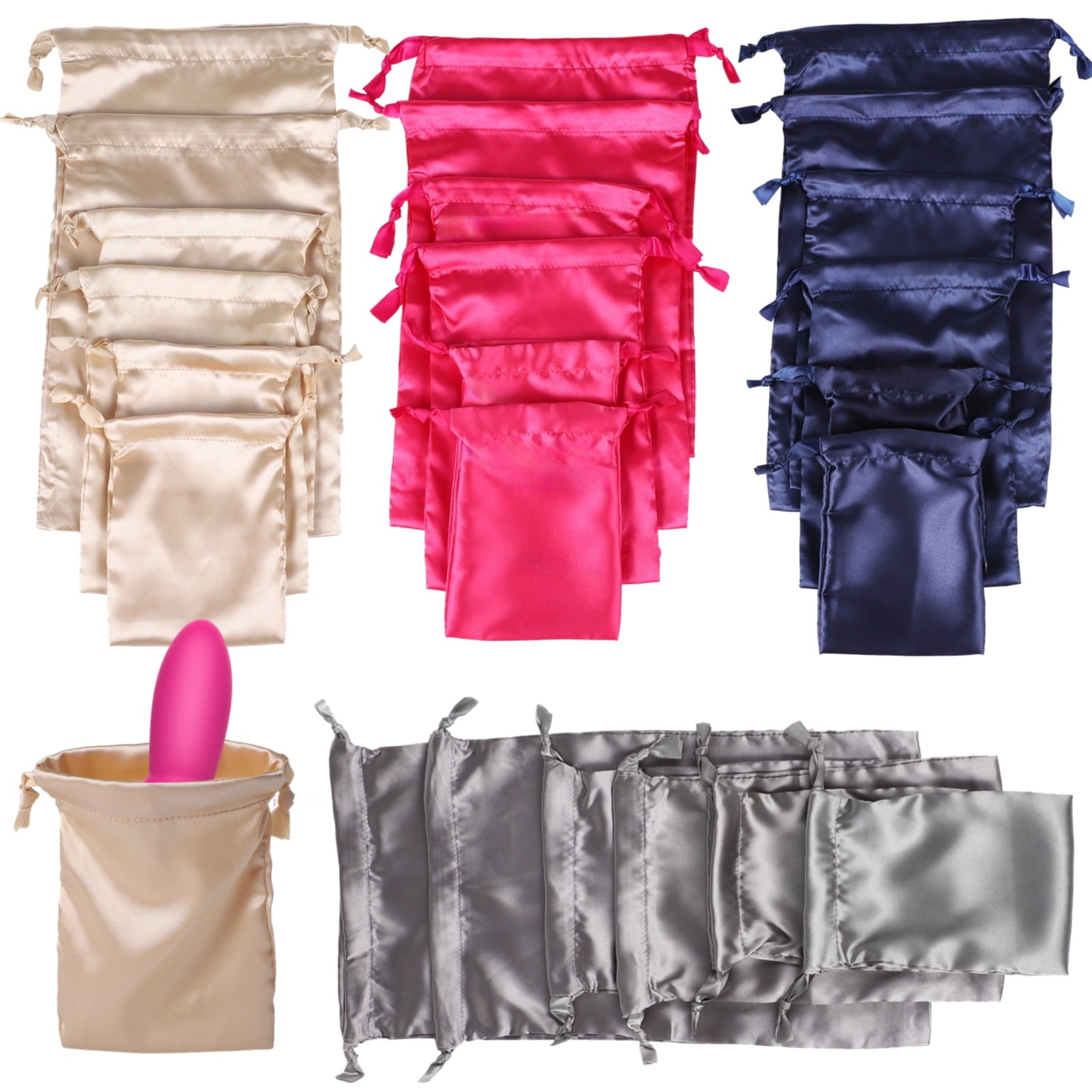 24 Pcs Adult Toy Storage Bags, Satin Drawstring Bag Set, 3 Sizes, 4 Colors, Sunglasses Pouch Case, Travel-Friendly, Lightweight